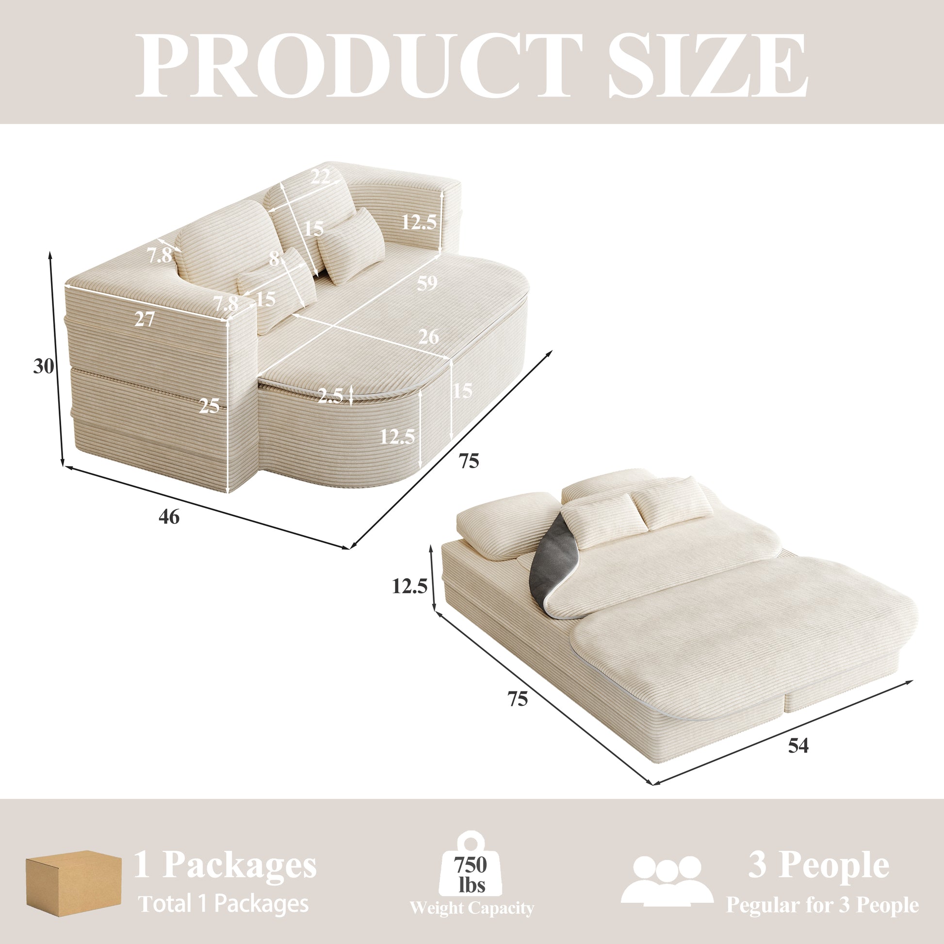 Corduroy Compression Sofa — 3-Seat, 75"W — Beige