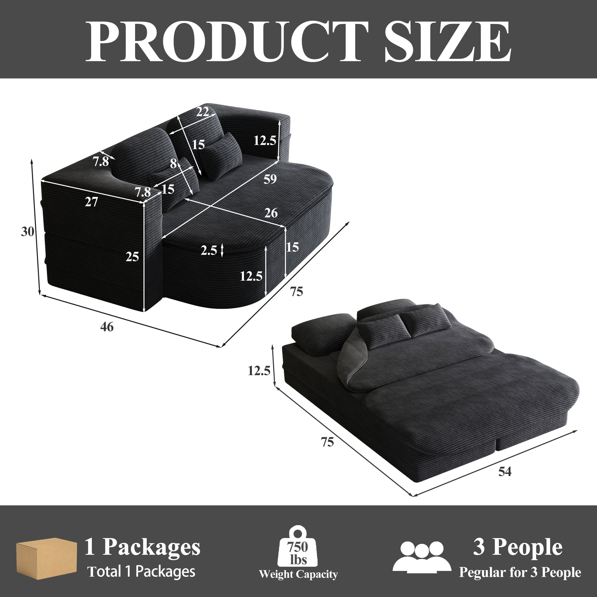 Corduroy Compression Sofa — 3-Seat, 75"W — Black