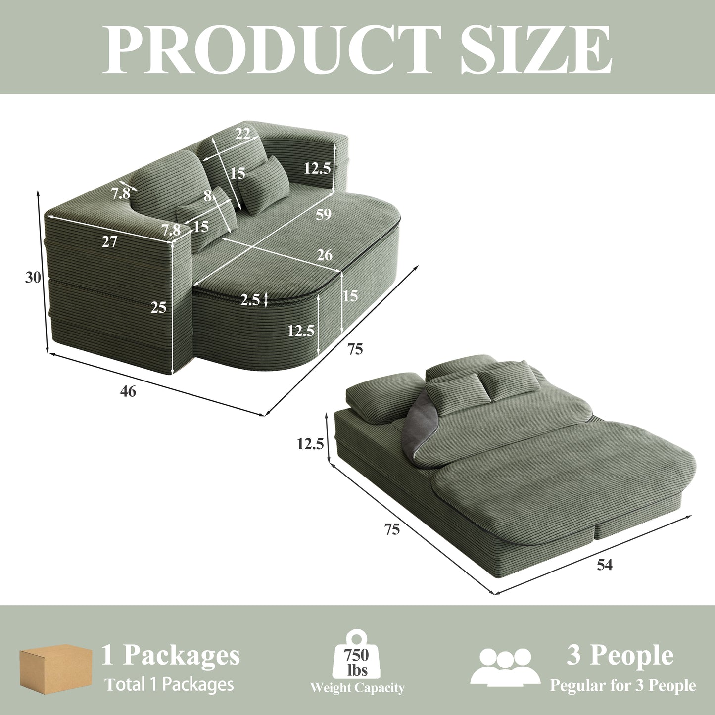 Corduroy Compression Sofa — 3-Seat, 75"W — Green