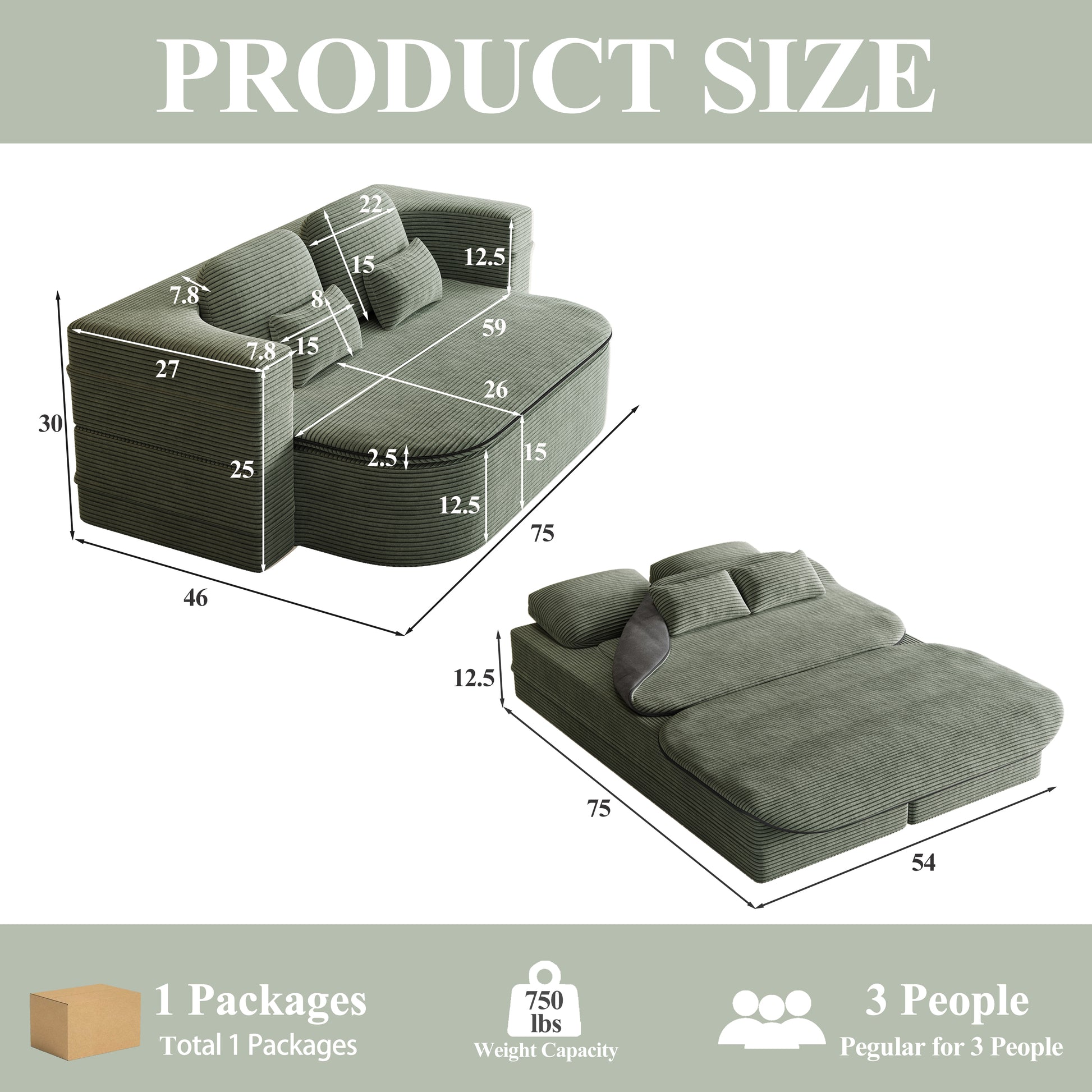 Corduroy Compression Sofa — 3-Seat, 75"W — Green
