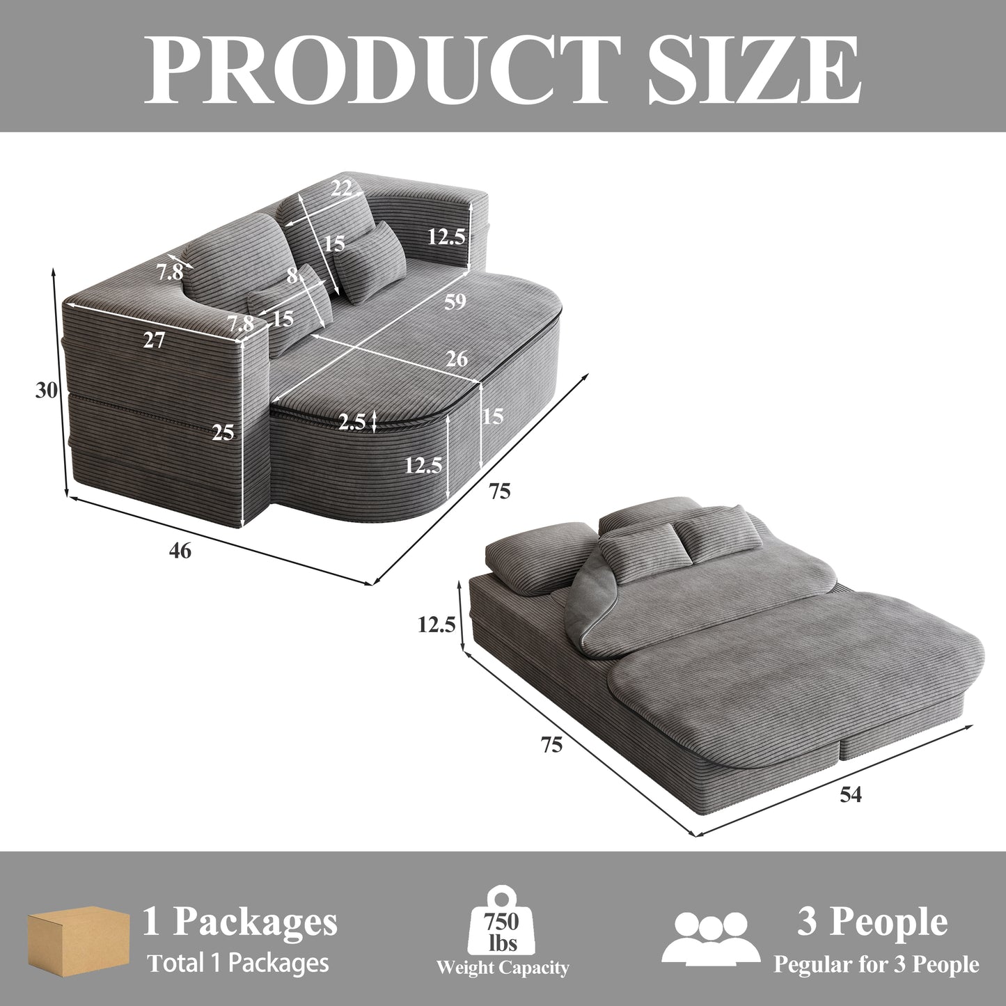 Corduroy Compression Sofa — 3-Seat, 75"W — Grey
