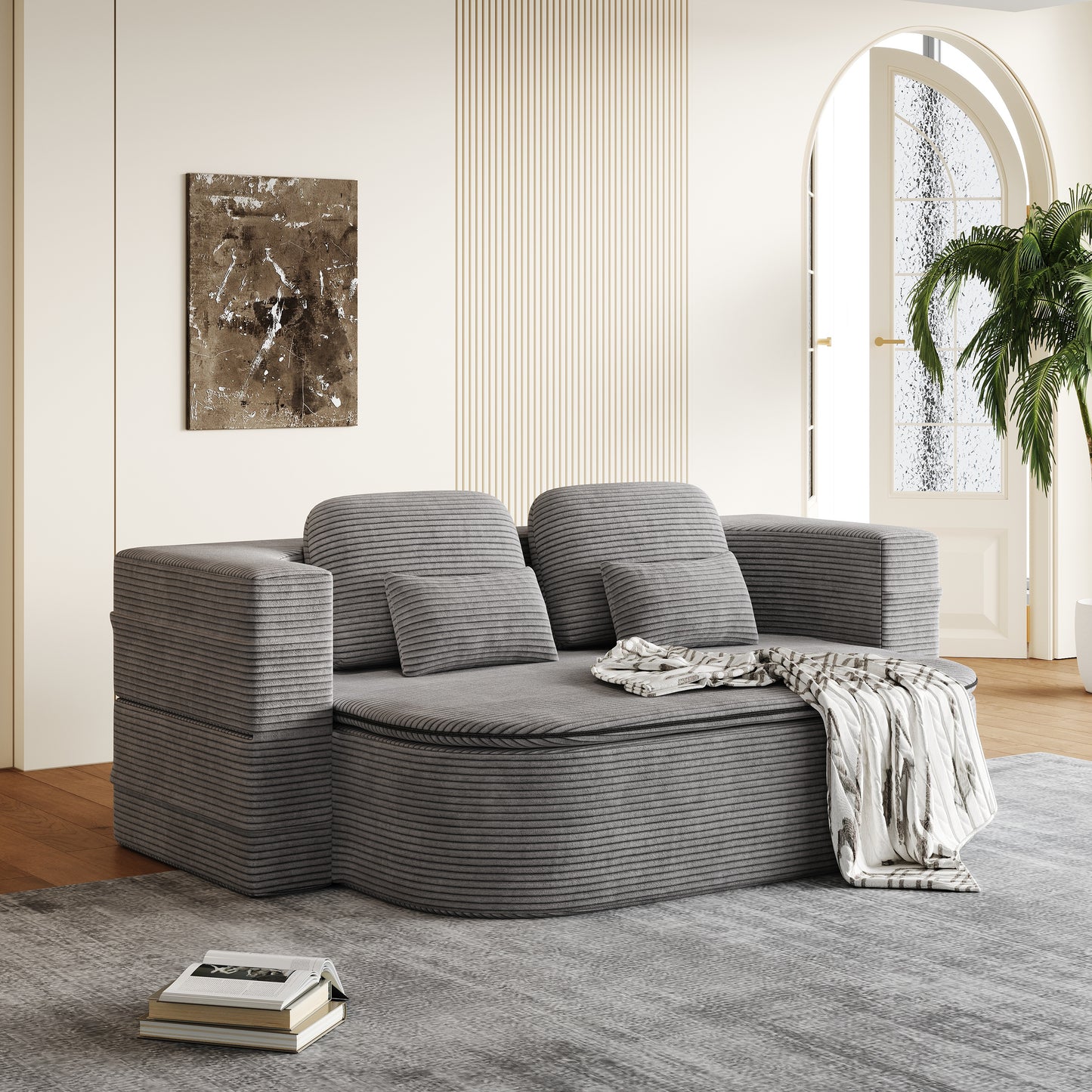 Corduroy Compression Sofa — 3-Seat, 75"W — Grey
