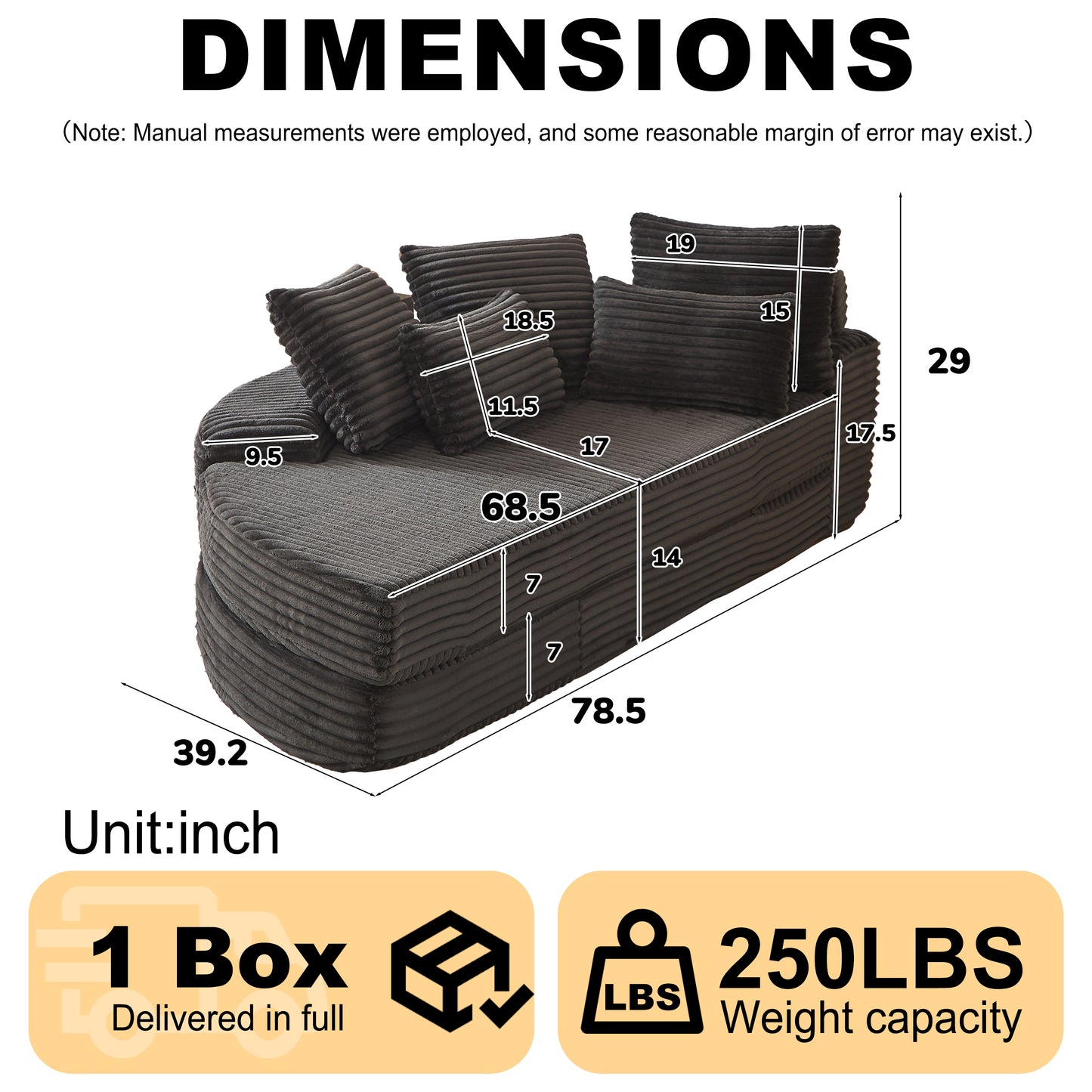 Corduroy Compression Sofa — 1-Seat — Black