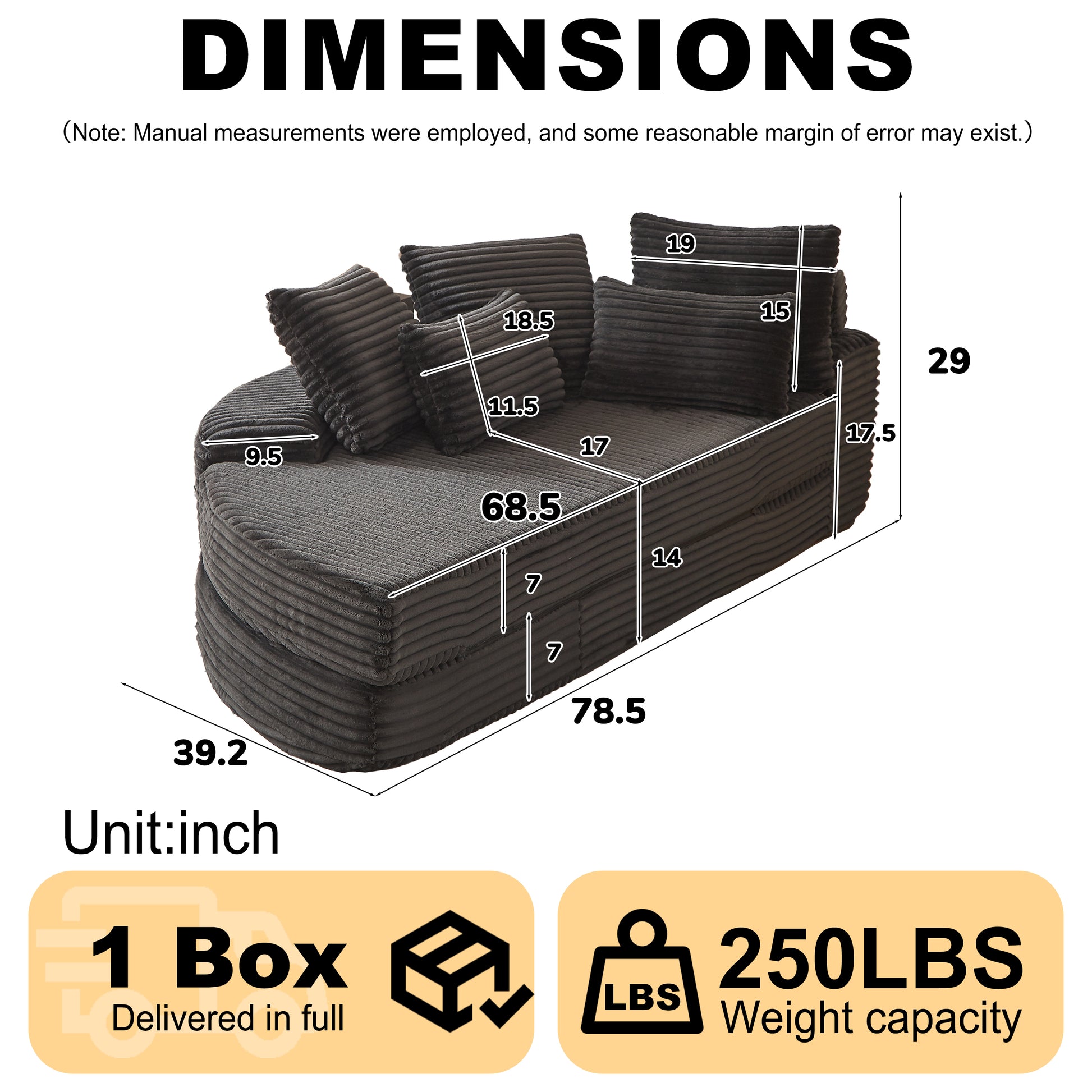Corduroy Compression Sofa — 1-Seat — Black