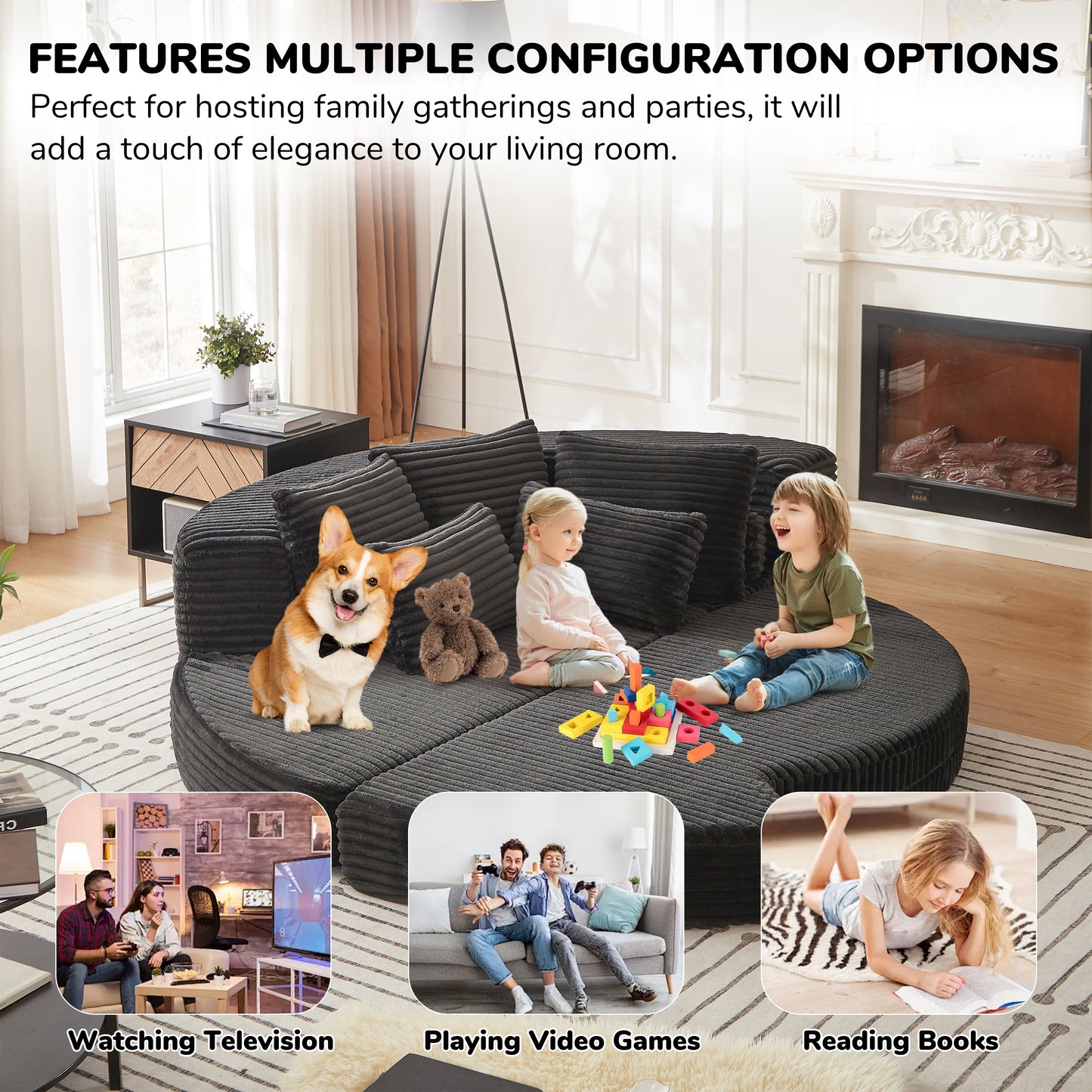 Corduroy Compression Sofa — 1-Seat — Black