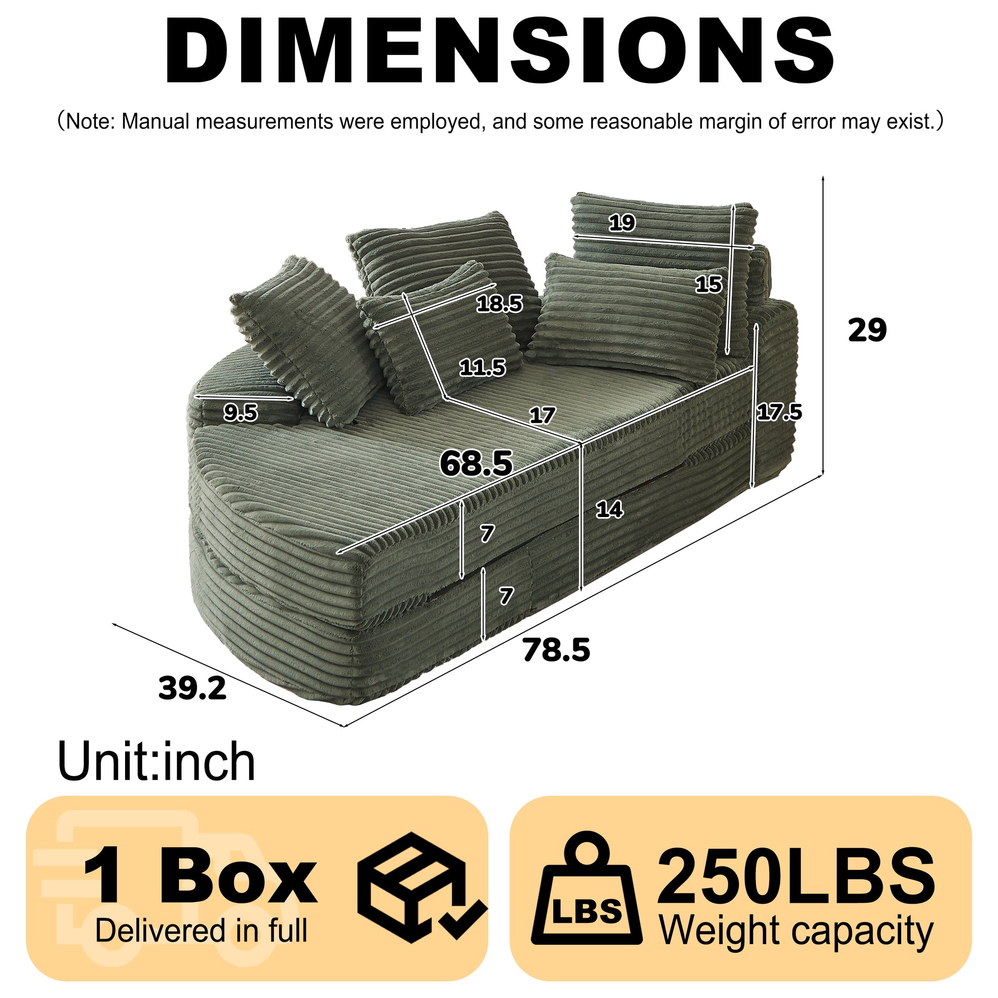 Corduroy Compression Sofa — 1-Seat — Green