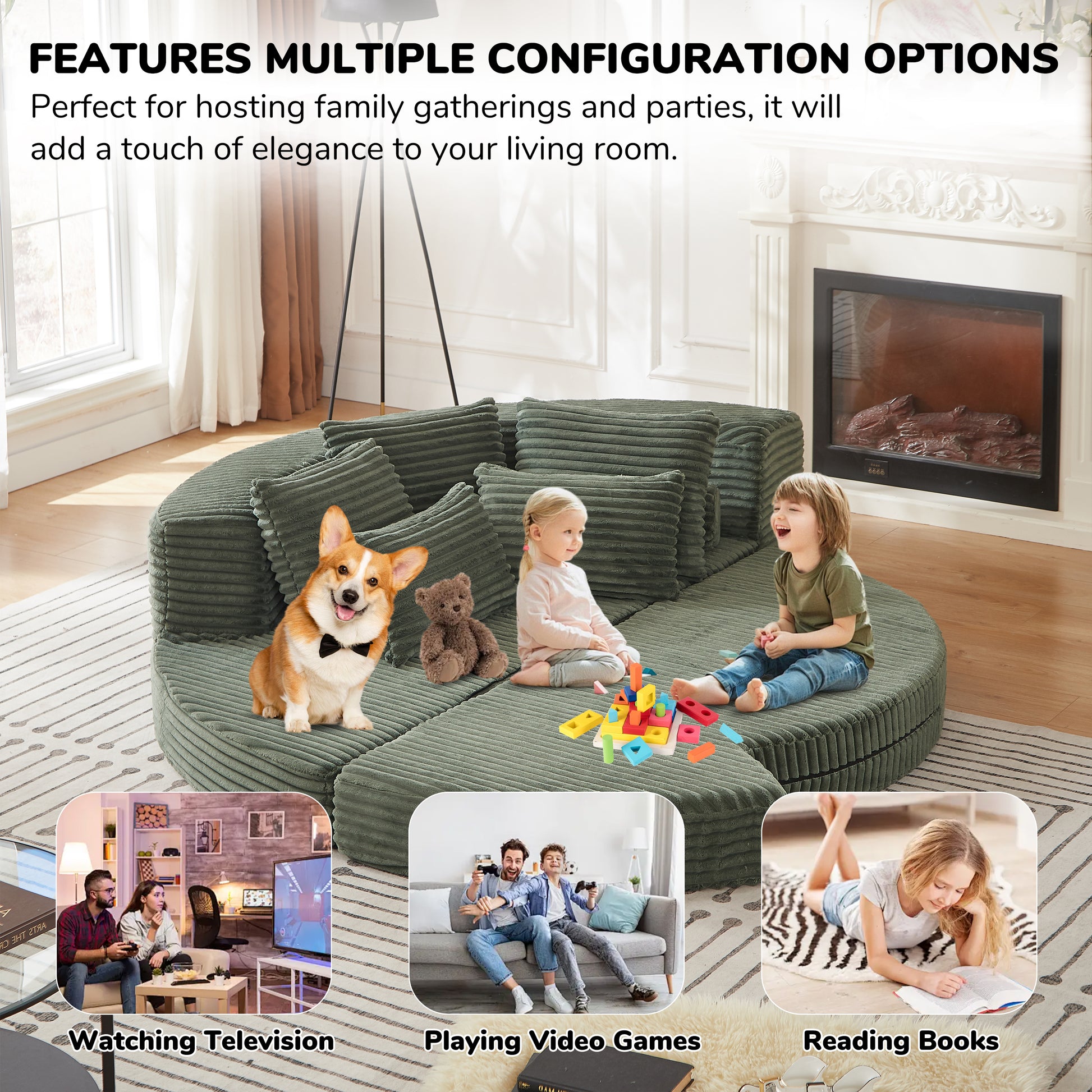 Corduroy Compression Sofa — 1-Seat — Green