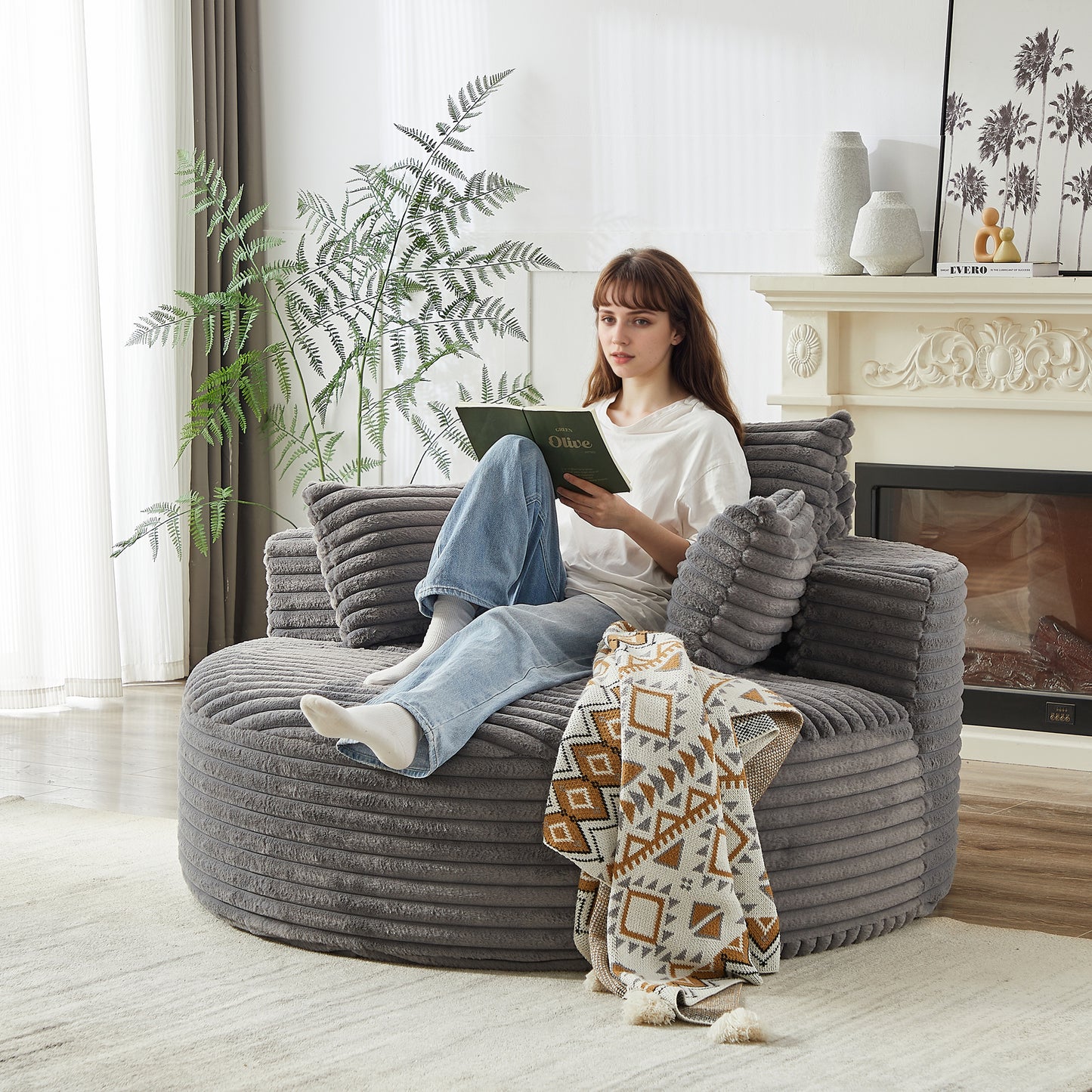 Corduroy Compression Accent Chair — 1-Seat, 55"W — Grey