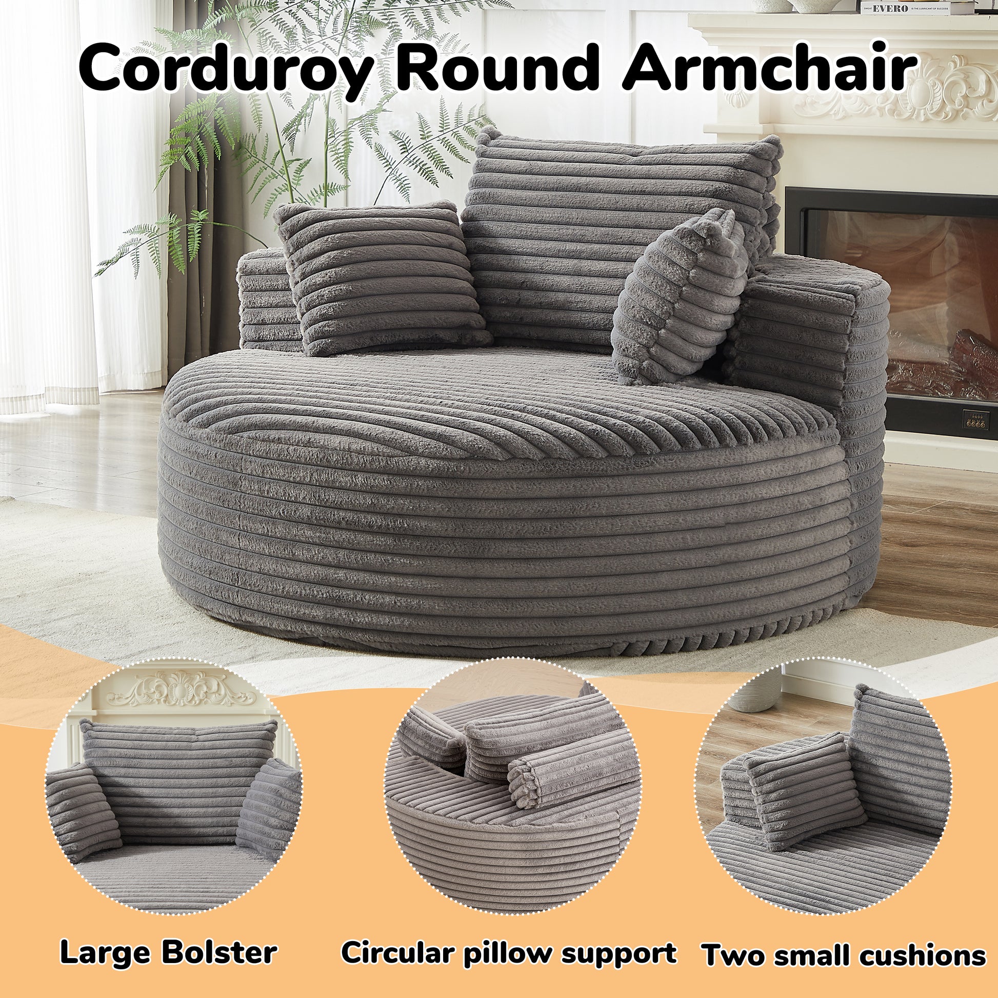 Corduroy Compression Accent Chair — 1-Seat, 55"W — Grey