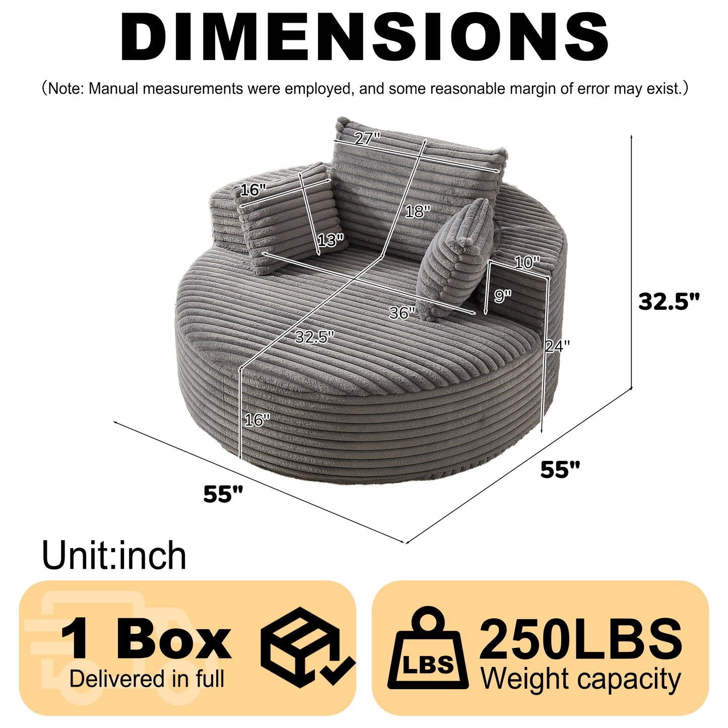 Corduroy Compression Accent Chair — 1-Seat, 55"W — Grey