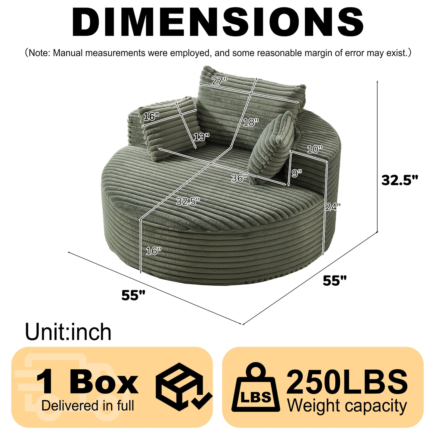 Corduroy Compression Accent Chair — 1-Seat, 55"W — Green
