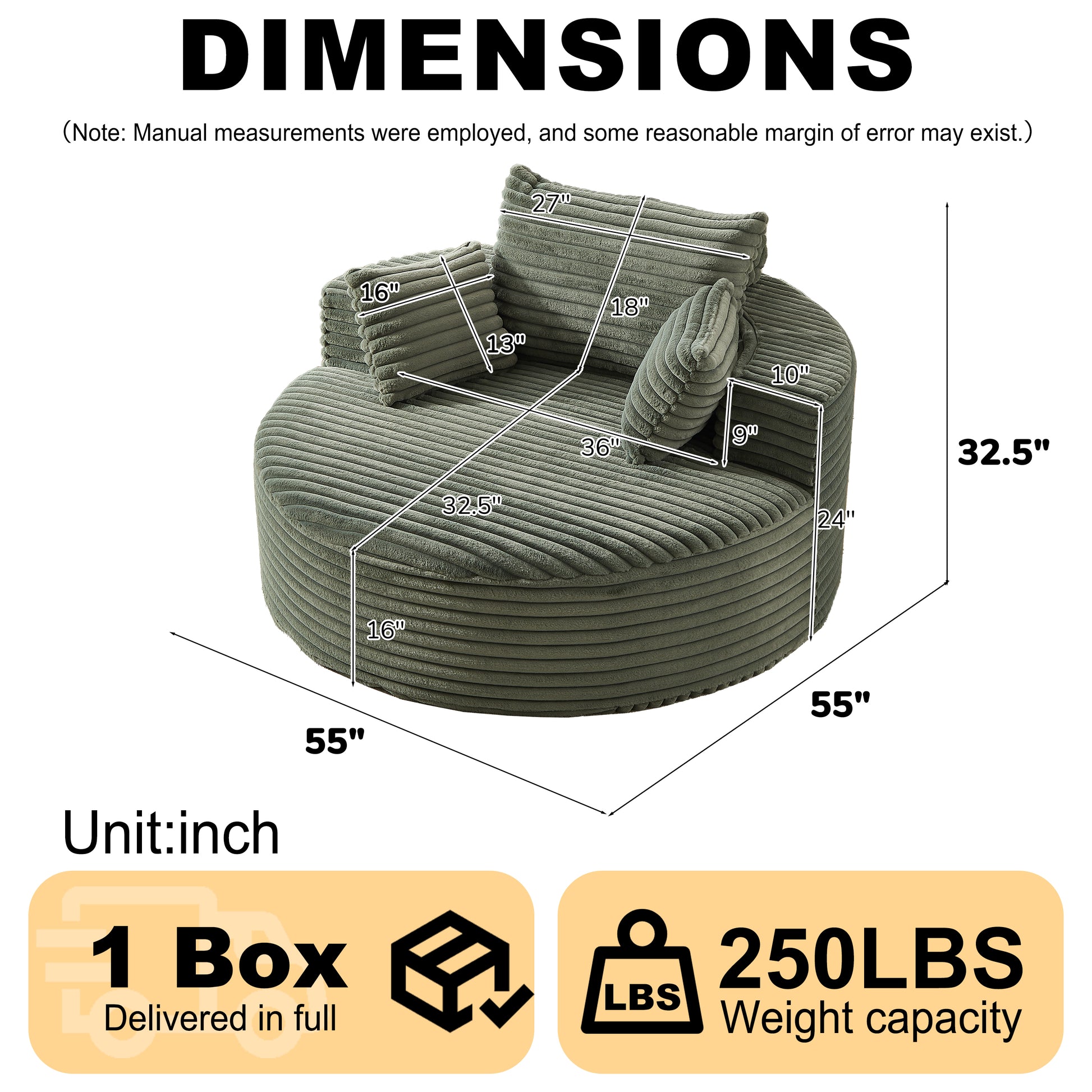 Corduroy Compression Accent Chair — 1-Seat, 55"W — Green