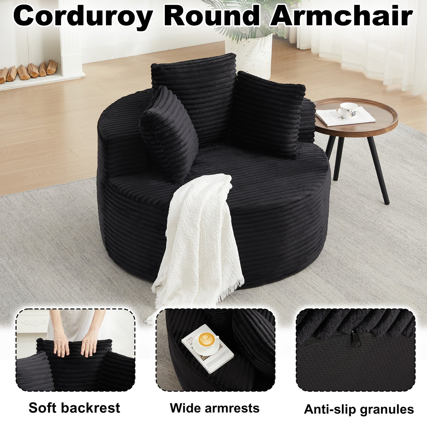 Corduroy Compression Accent Chair — 1-Seat, 43"W — Black