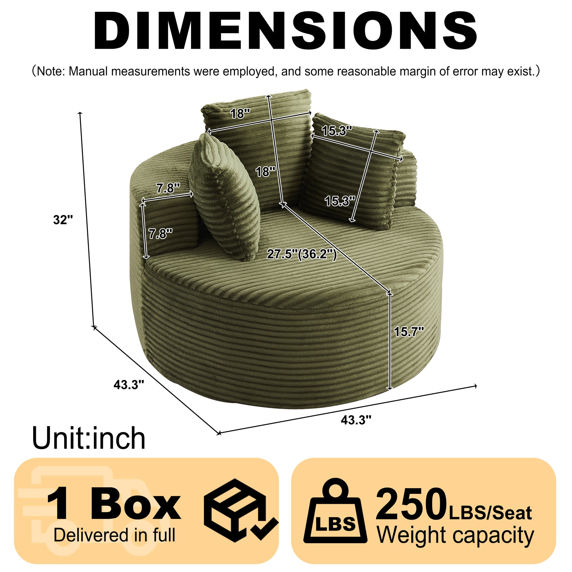 Corduroy Compression Accent Chair — 1-Seat, 43"W — Green