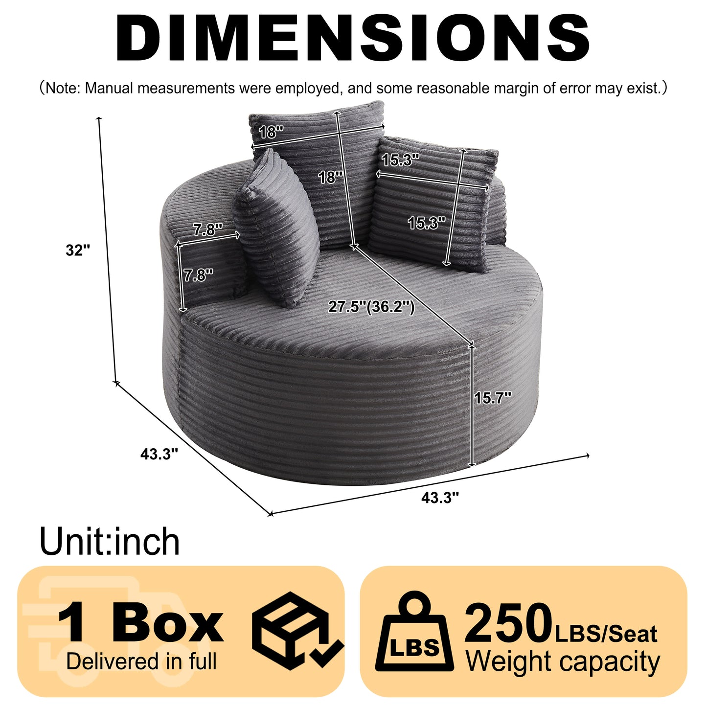 Corduroy Compression Accent Chair — 1-Seat, 43"W — Grey