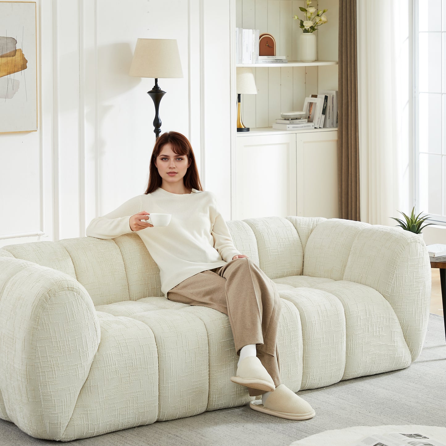 Chenille Compression Sofa — 2/3/5/6-Seat — Beige / 5-Seat
