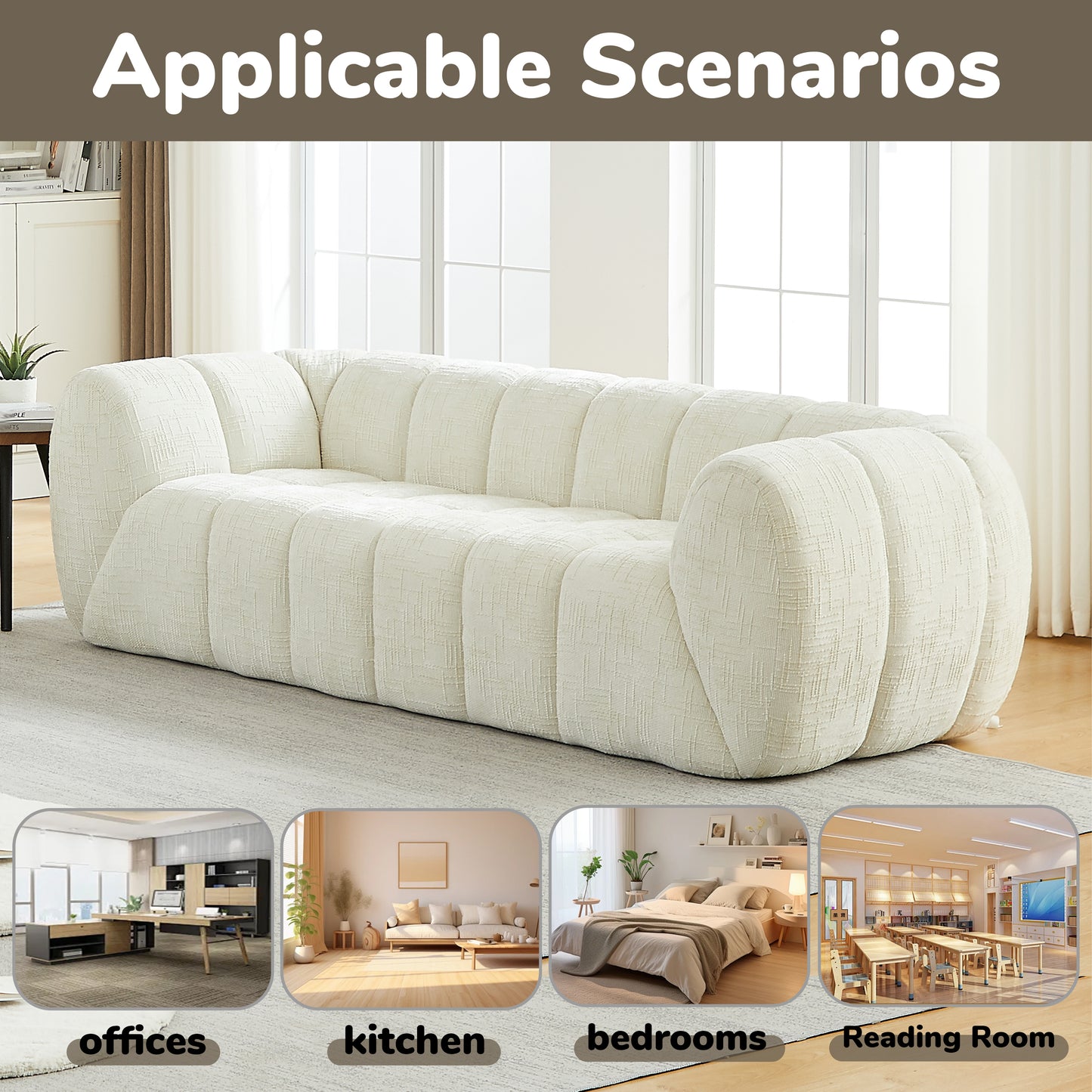 Chenille Compression Sofa — 2/3/5/6-Seat — Beige / 6-Seat