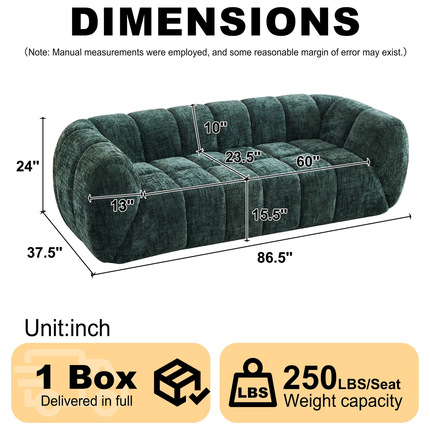 Chenille Compression Sofa — 2/3/5/6-Seat — Green / 3-Seat