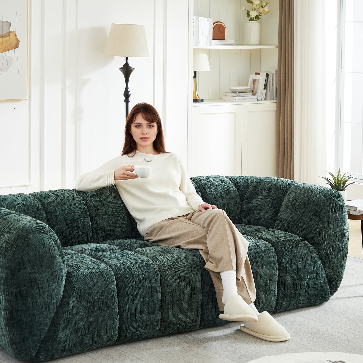 Chenille Compression Sofa — 2/3/5/6-Seat — Green / 5-Seat