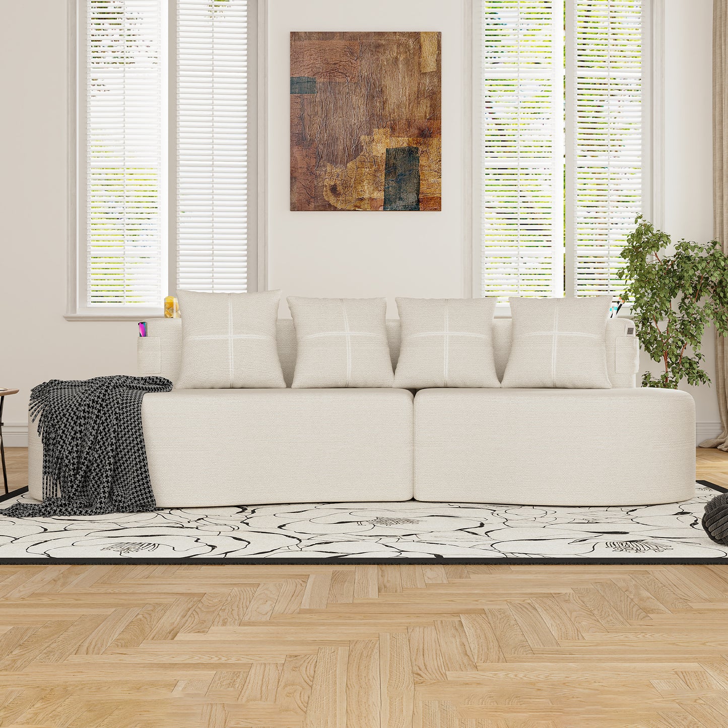 Chenille Compression Sofa — 3-Seat — Beige