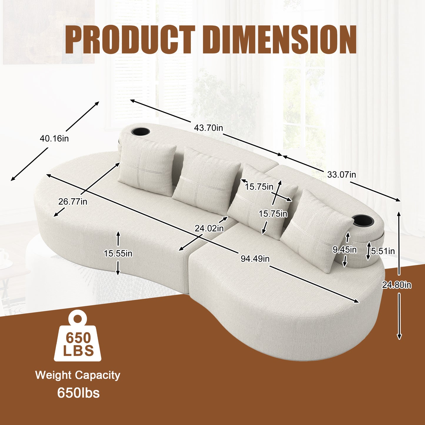 Chenille Compression Sofa — 3-Seat — Beige