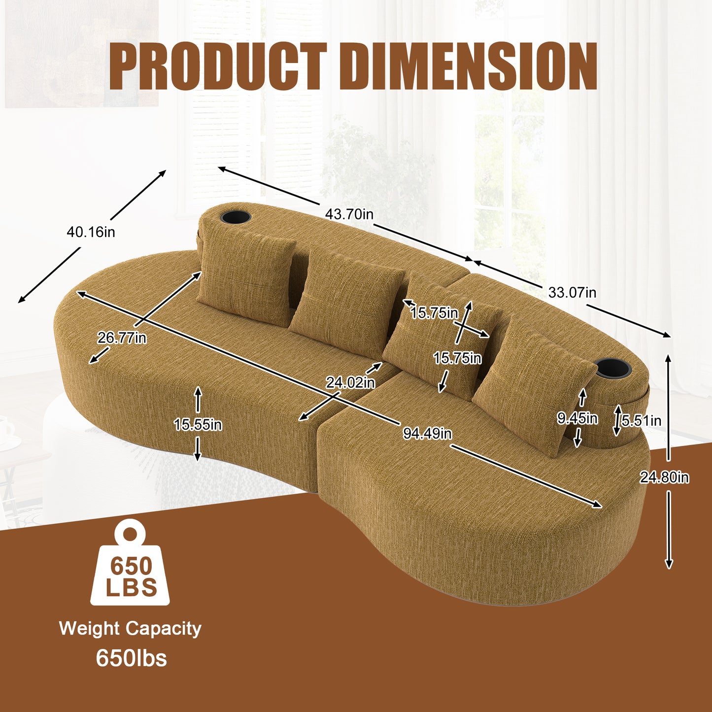 Chenille Compression Sofa — 3-Seat — Mustard Yellow
