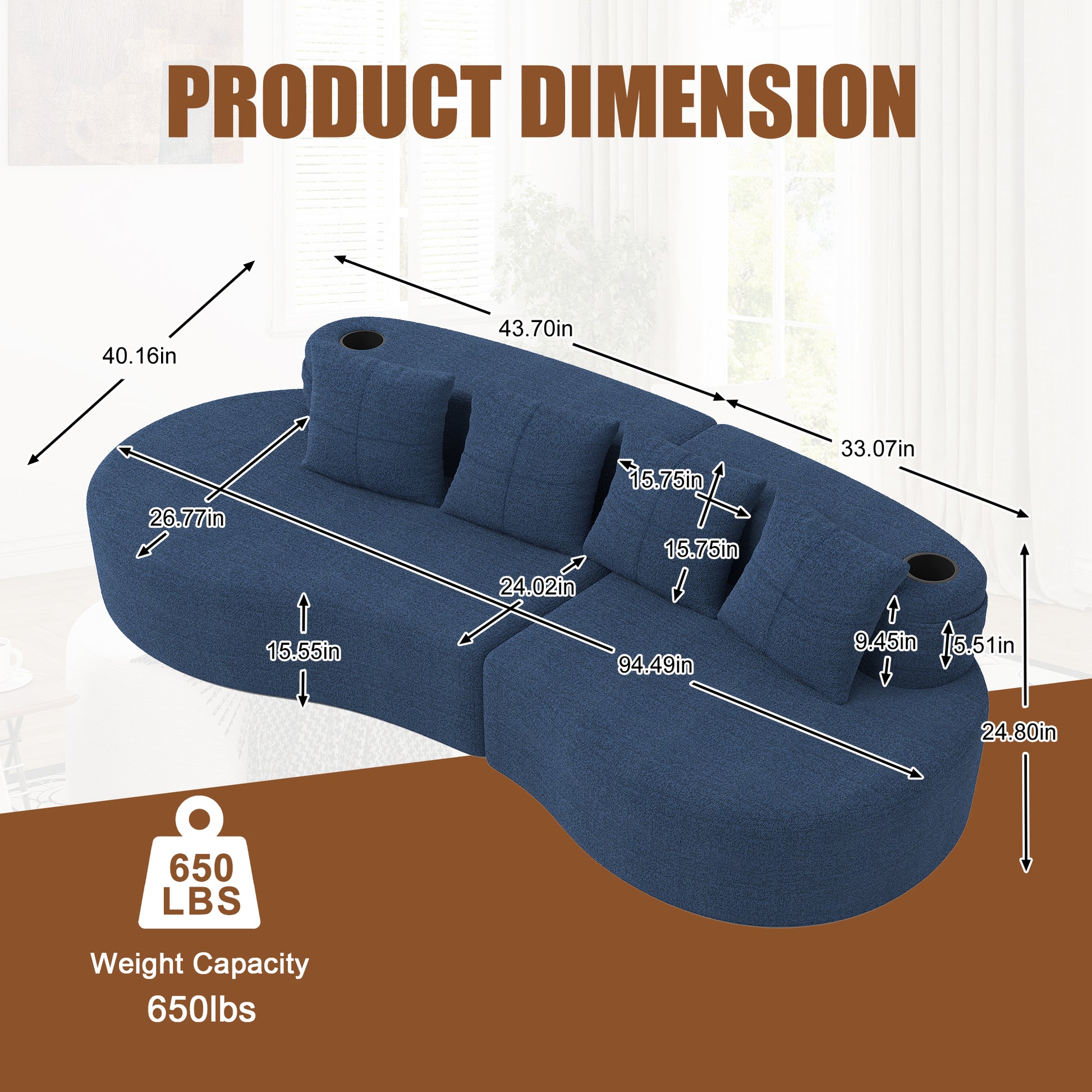 Chenille Compression Sofa — 3-Seat — Navy