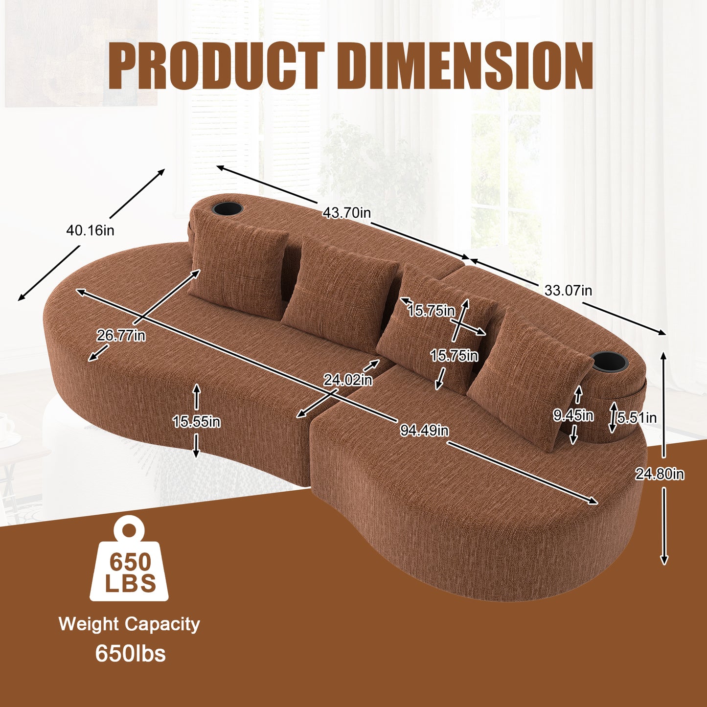 Chenille Compression Sofa — 3-Seat — Orange
