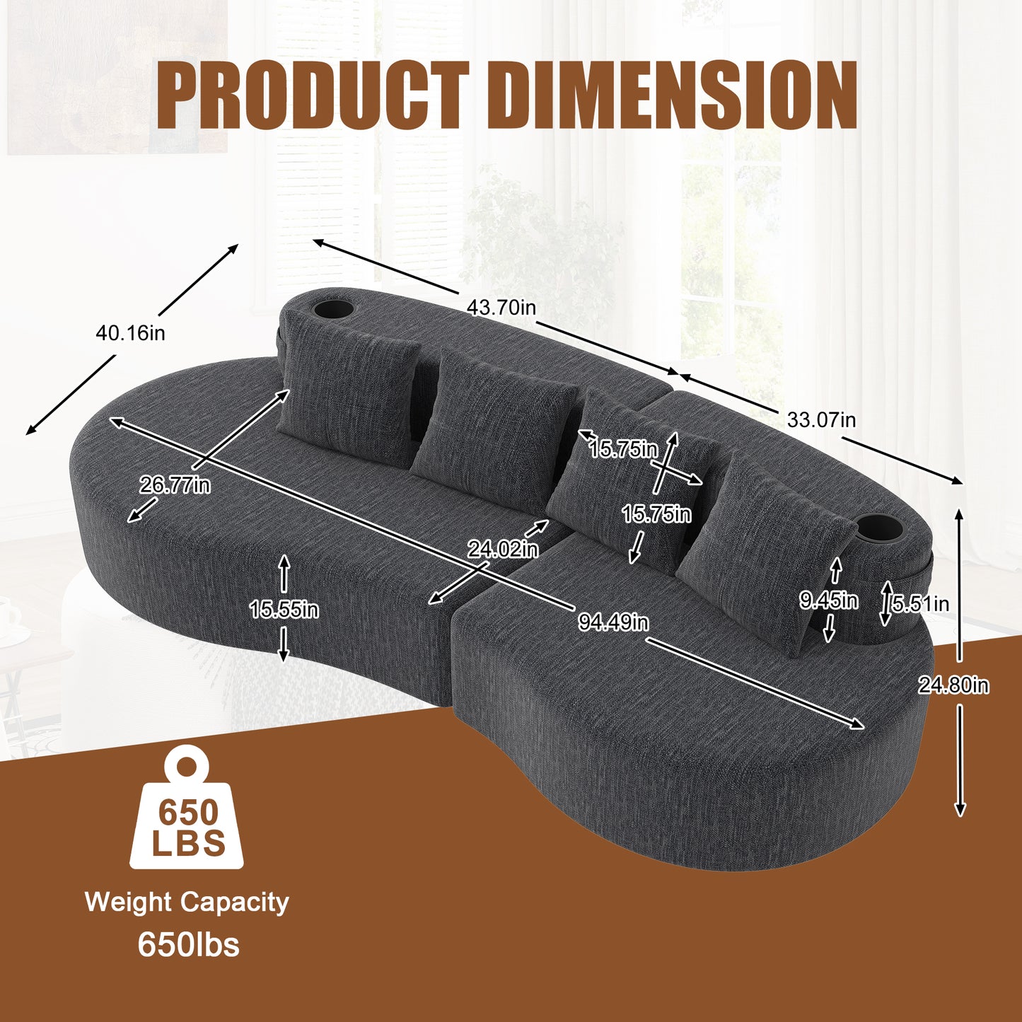 Chenille Compression Sofa — 3-Seat — Dark Gray