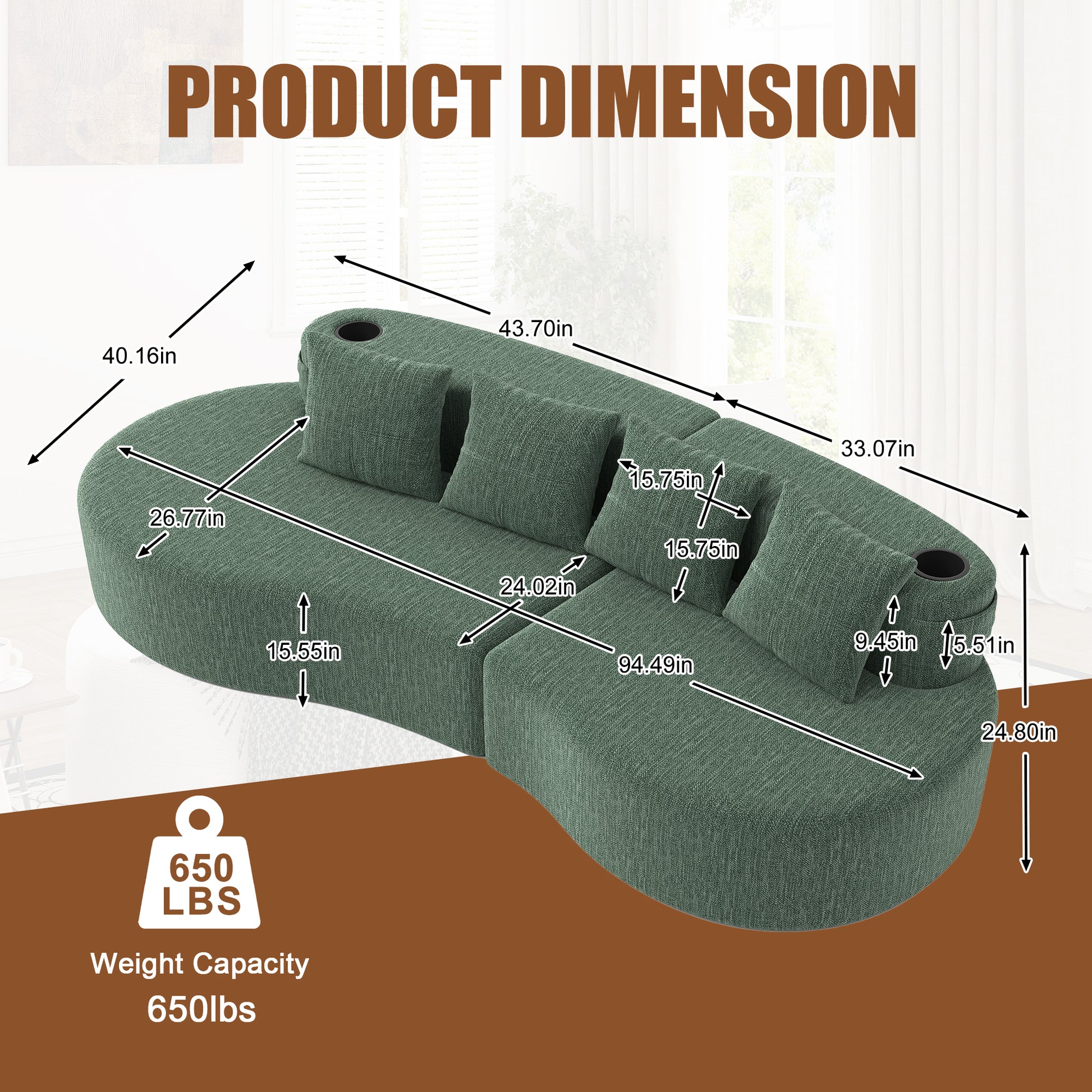 Chenille Compression Sofa — 3-Seat — Green