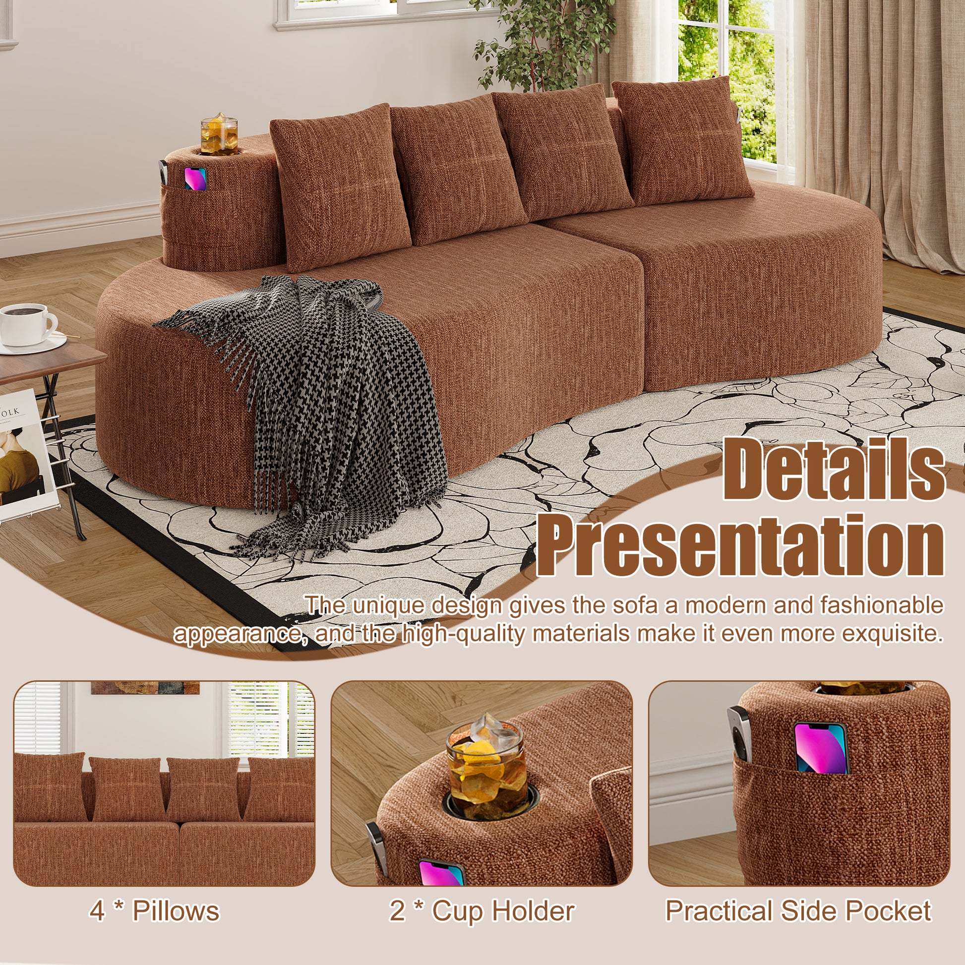 Chenille Compression Sofa — 3-Seat — Orange