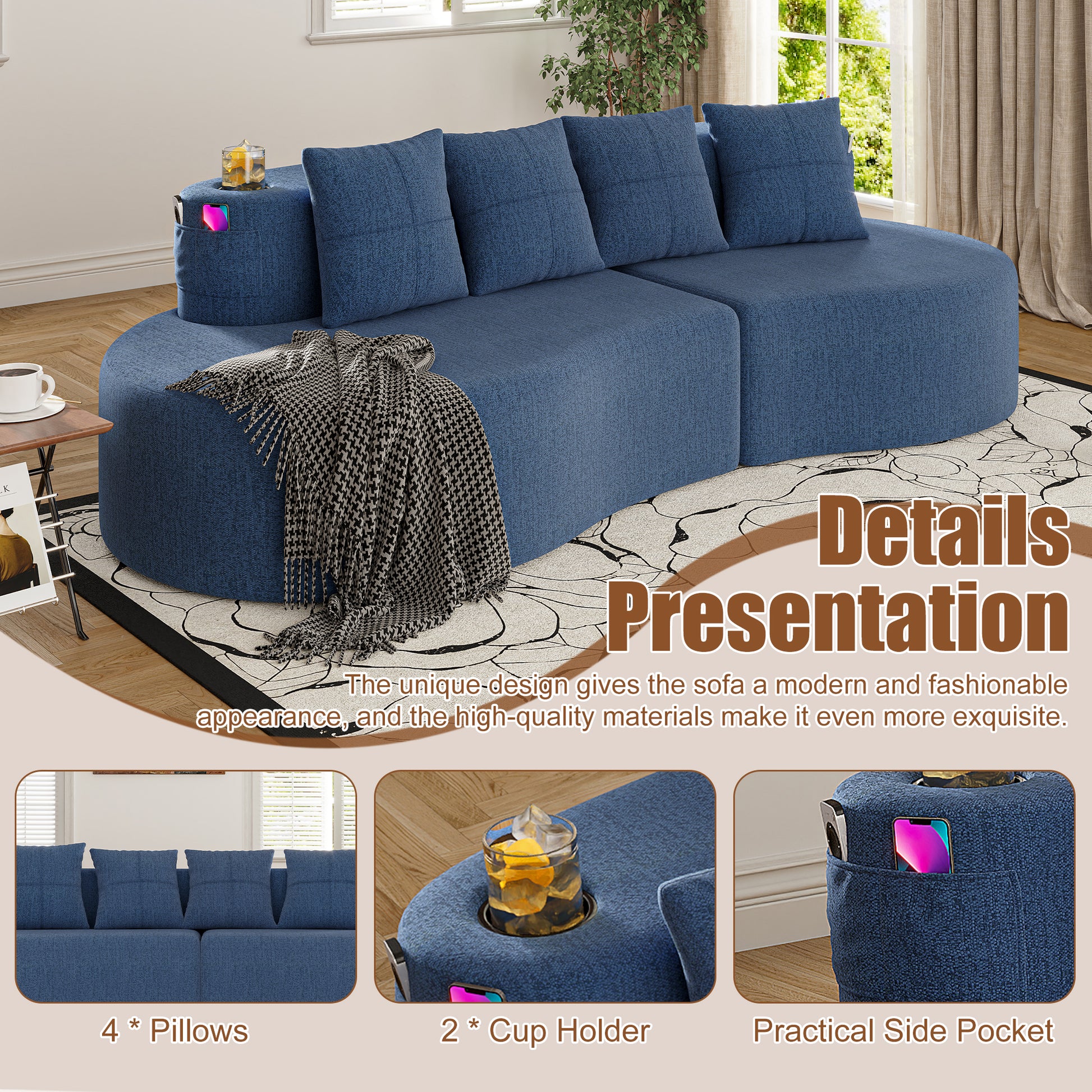 Chenille Compression Sofa — 3-Seat — Navy