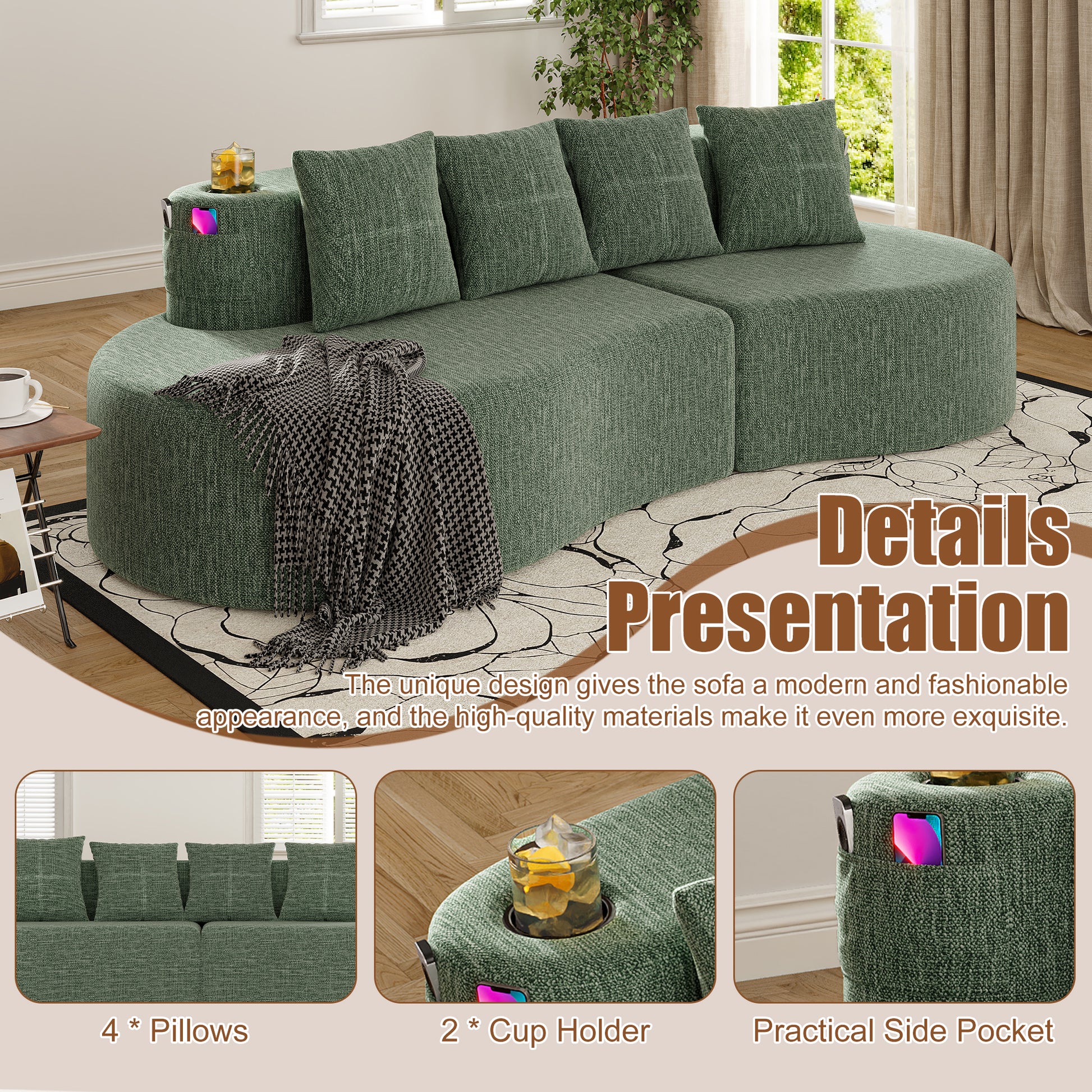 Chenille Compression Sofa — 3-Seat — Green