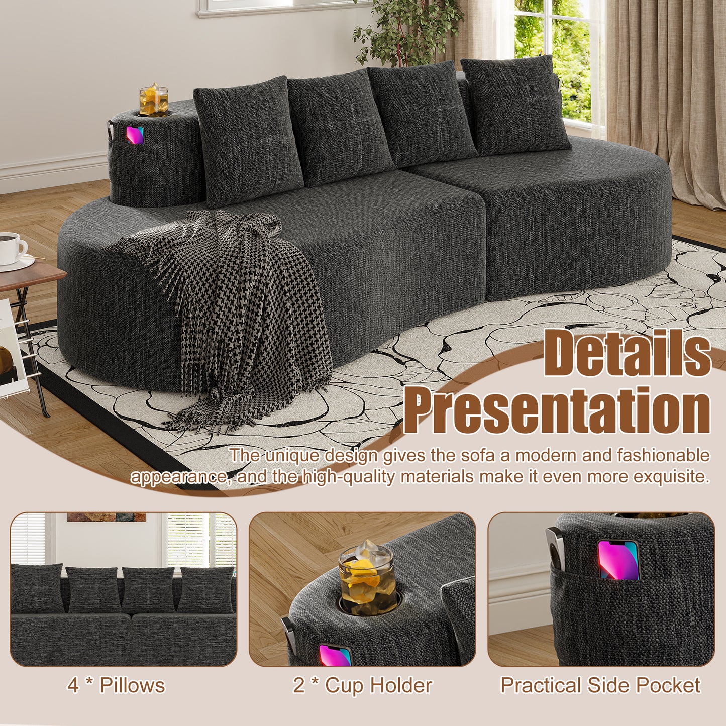 Chenille Compression Sofa — 3-Seat — Dark Gray