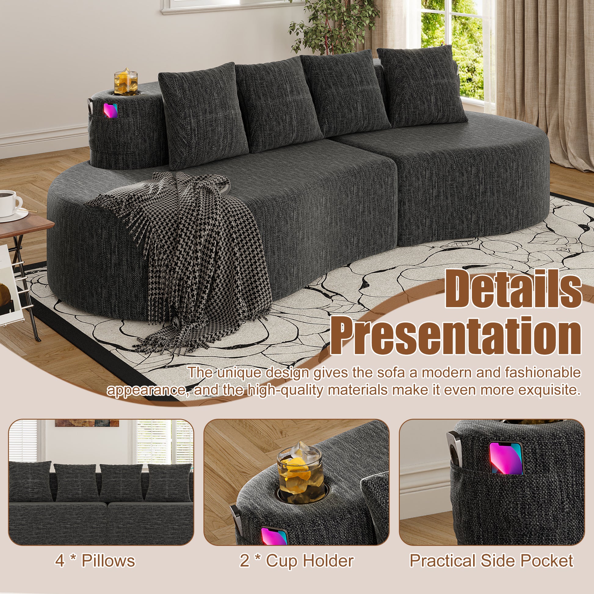 Chenille Compression Sofa — 3-Seat — Dark Gray
