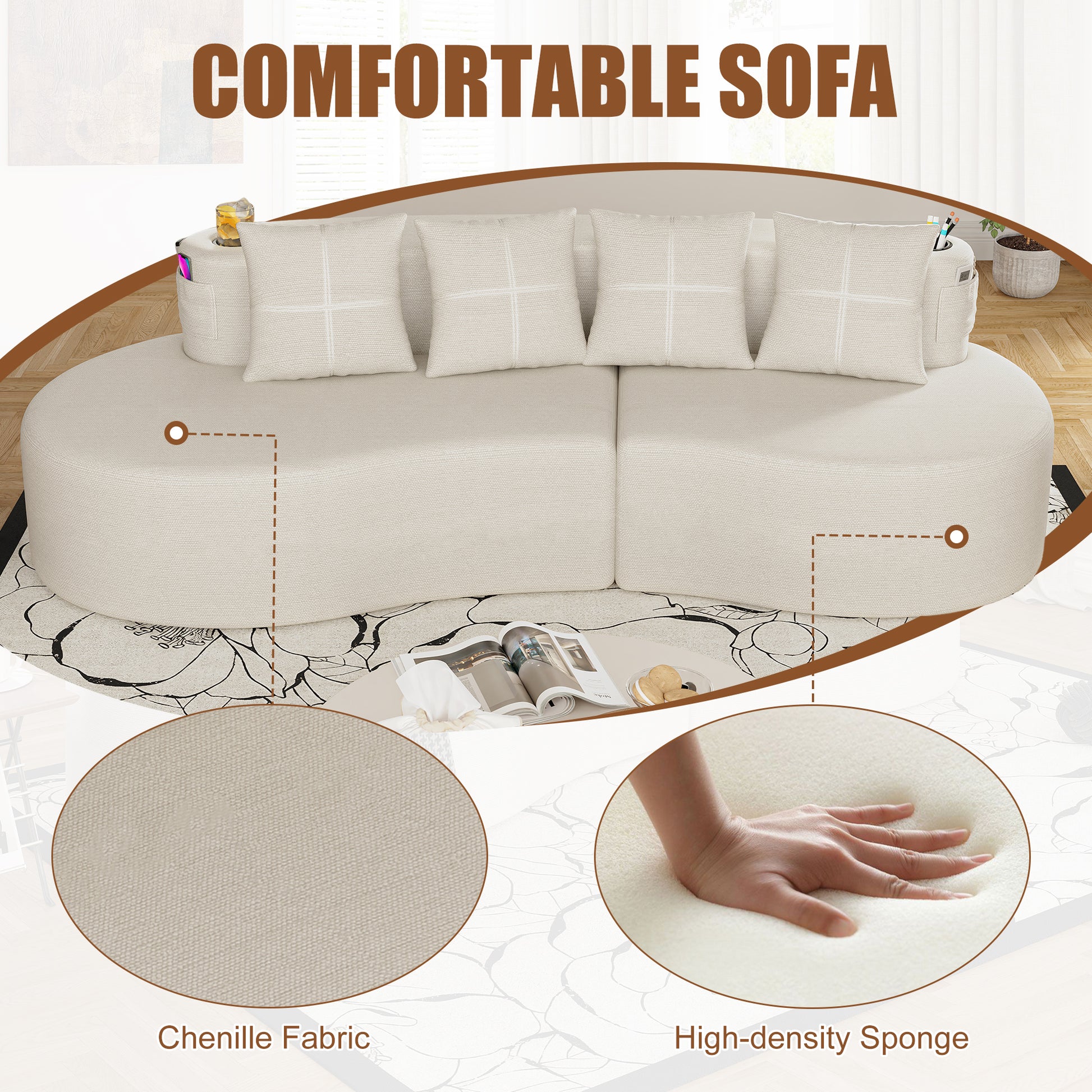 Chenille Compression Sofa — 3-Seat — Beige