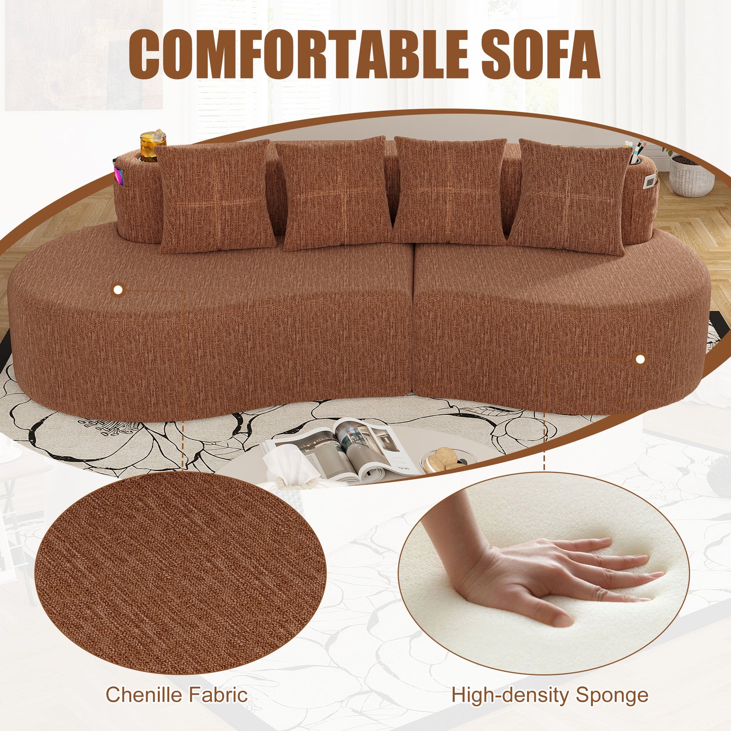 Chenille Compression Sofa — 3-Seat — Orange