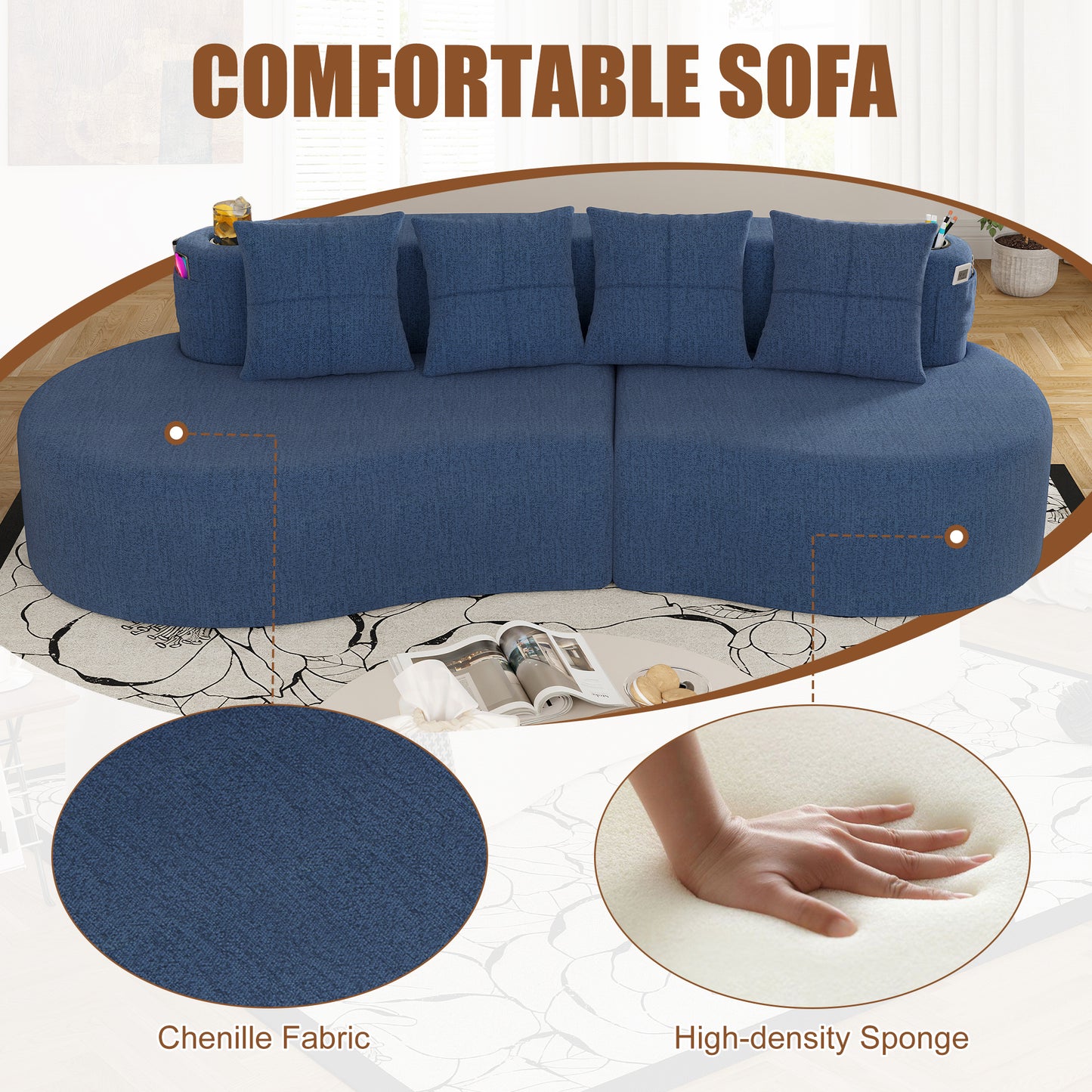 Chenille Compression Sofa — 3-Seat — Navy