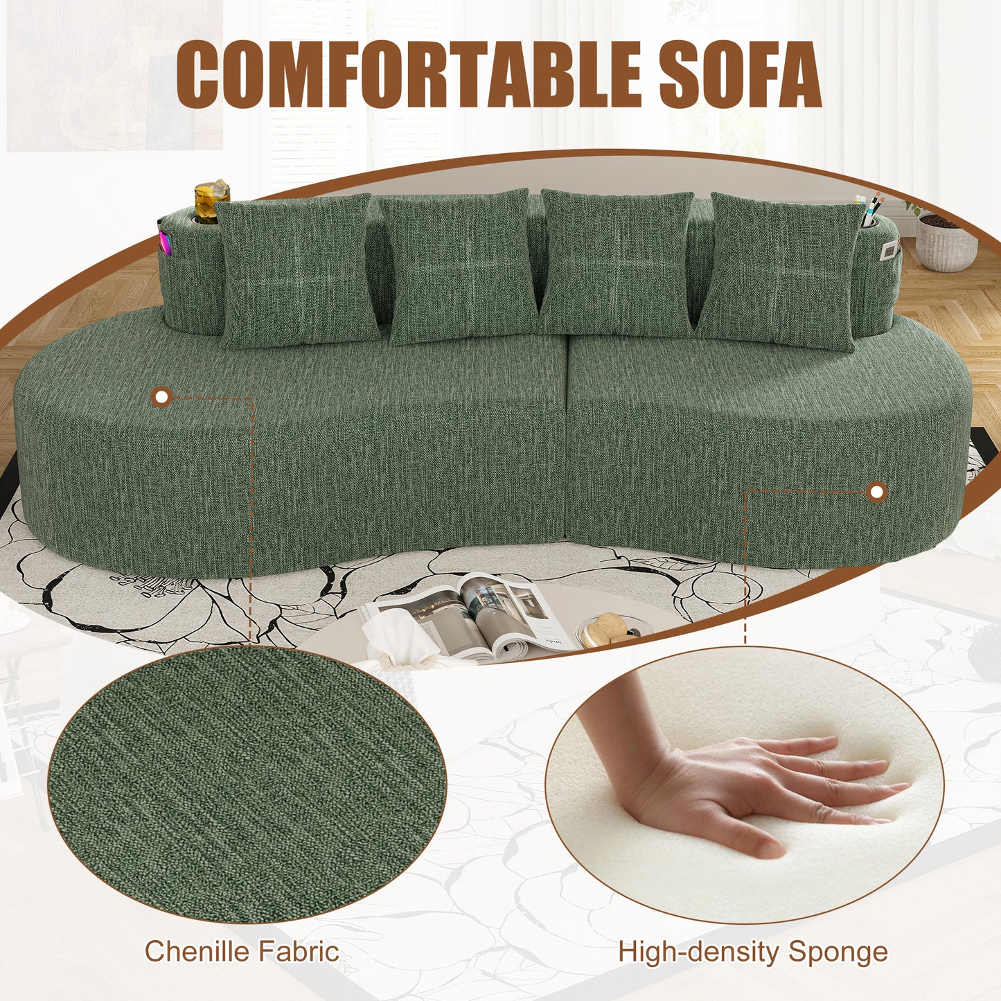 Chenille Compression Sofa — 3-Seat — Green
