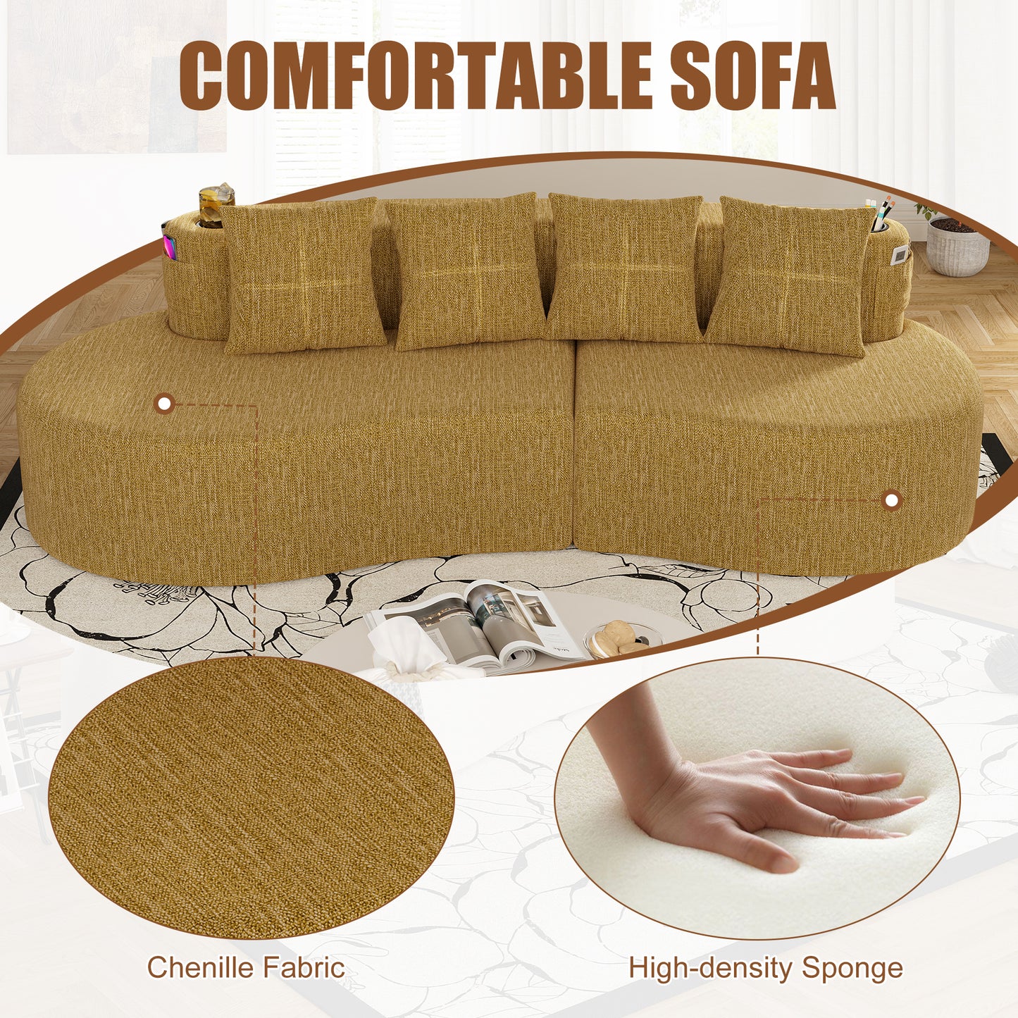 Chenille Compression Sofa — 3-Seat — Mustard Yellow