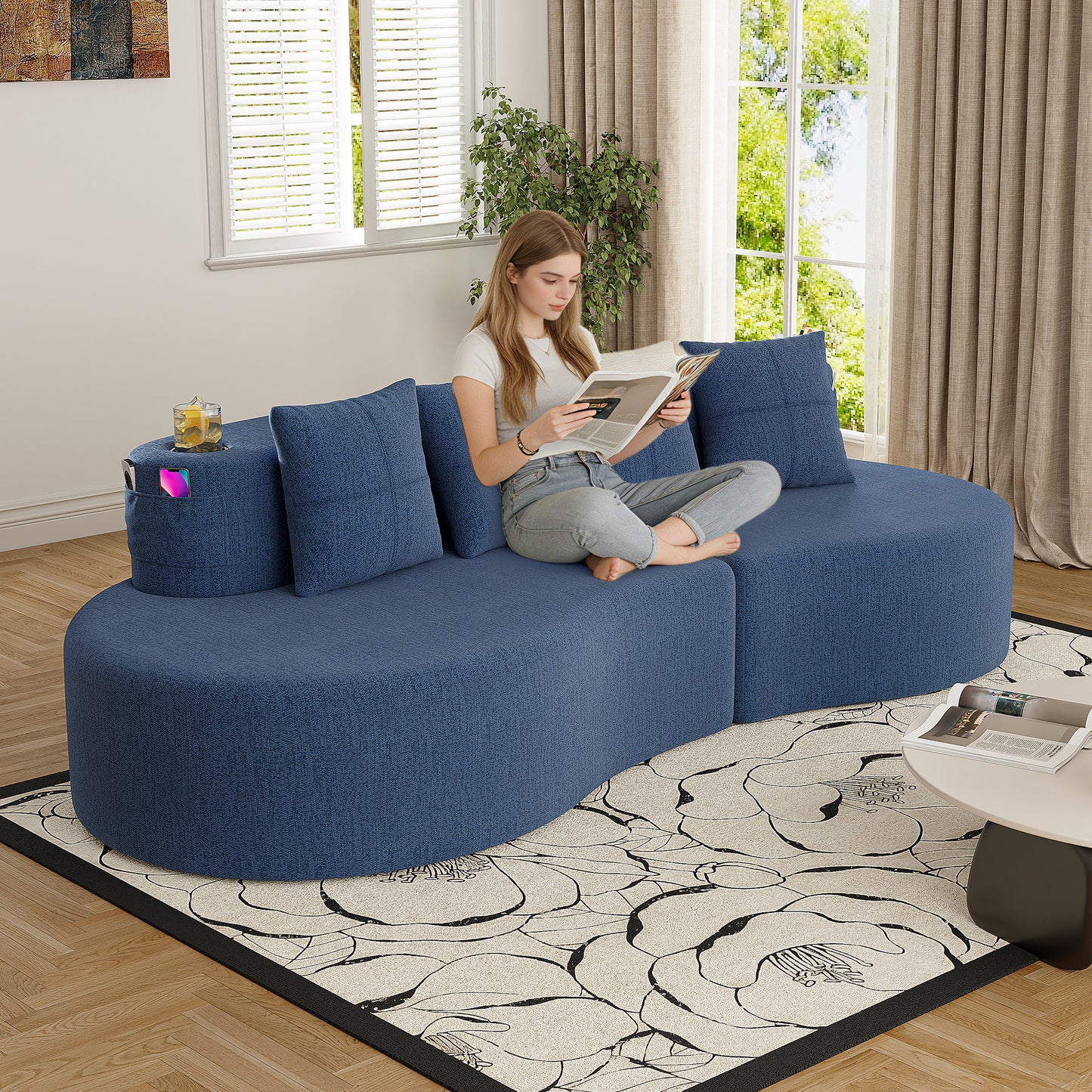 Chenille Compression Sofa — 3-Seat — Navy