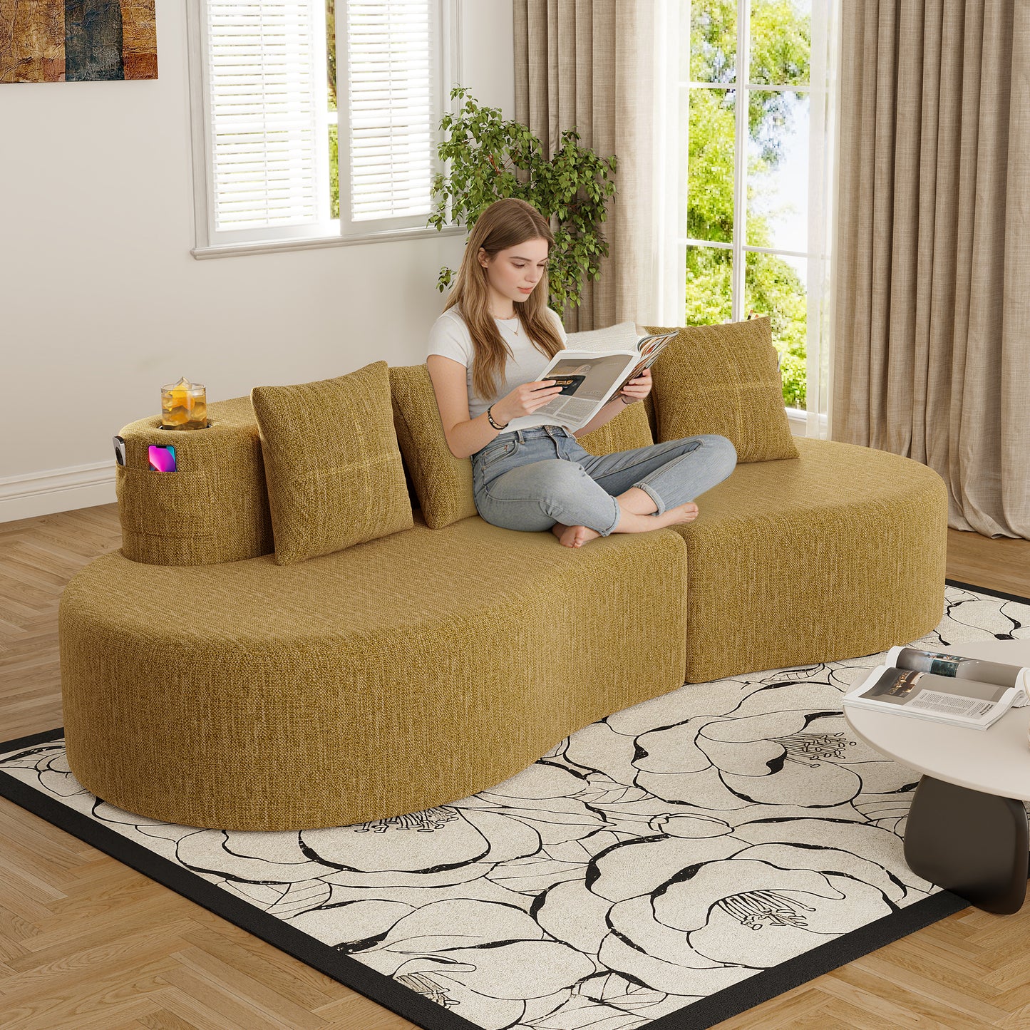 Chenille Compression Sofa — 3-Seat — Mustard Yellow