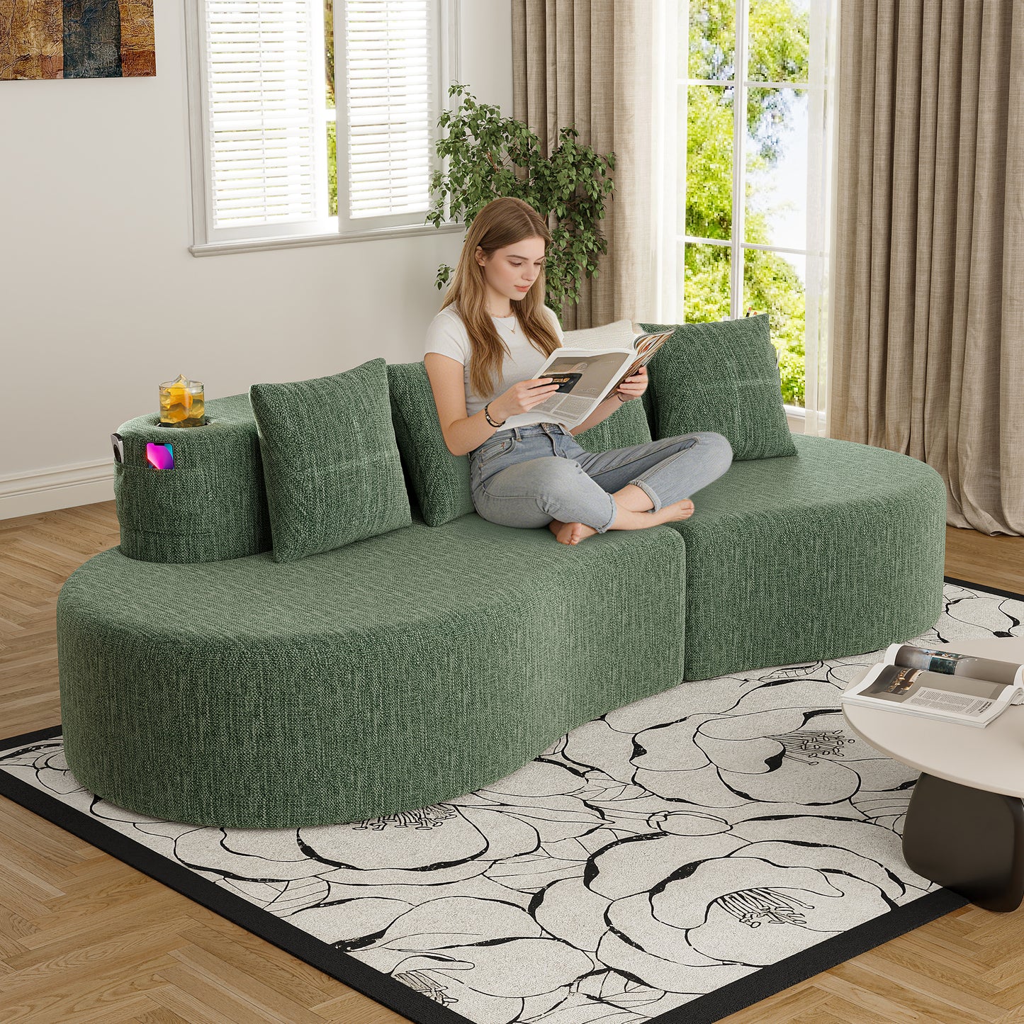 Chenille Compression Sofa — 3-Seat — Green