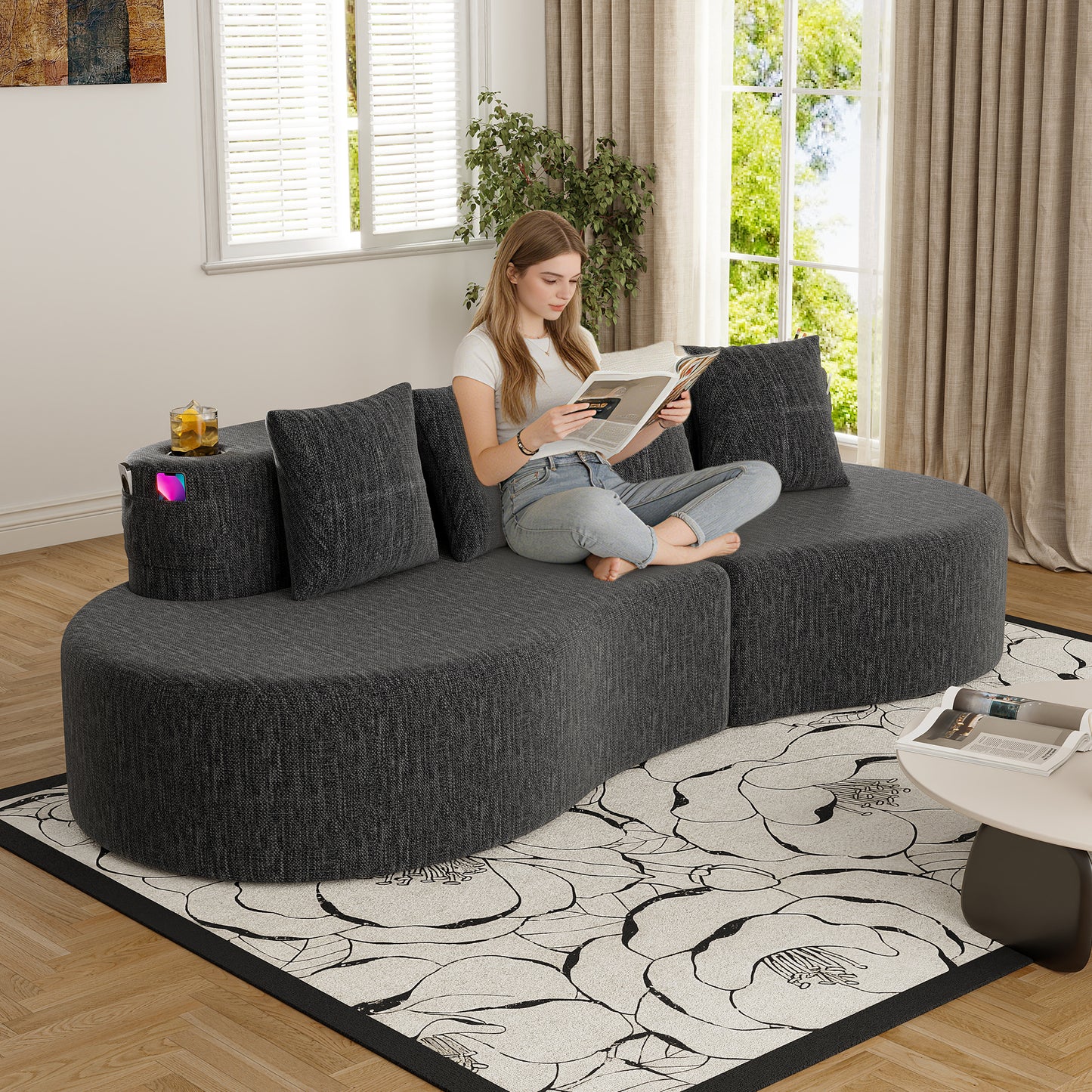 Chenille Compression Sofa — 3-Seat — Dark Gray