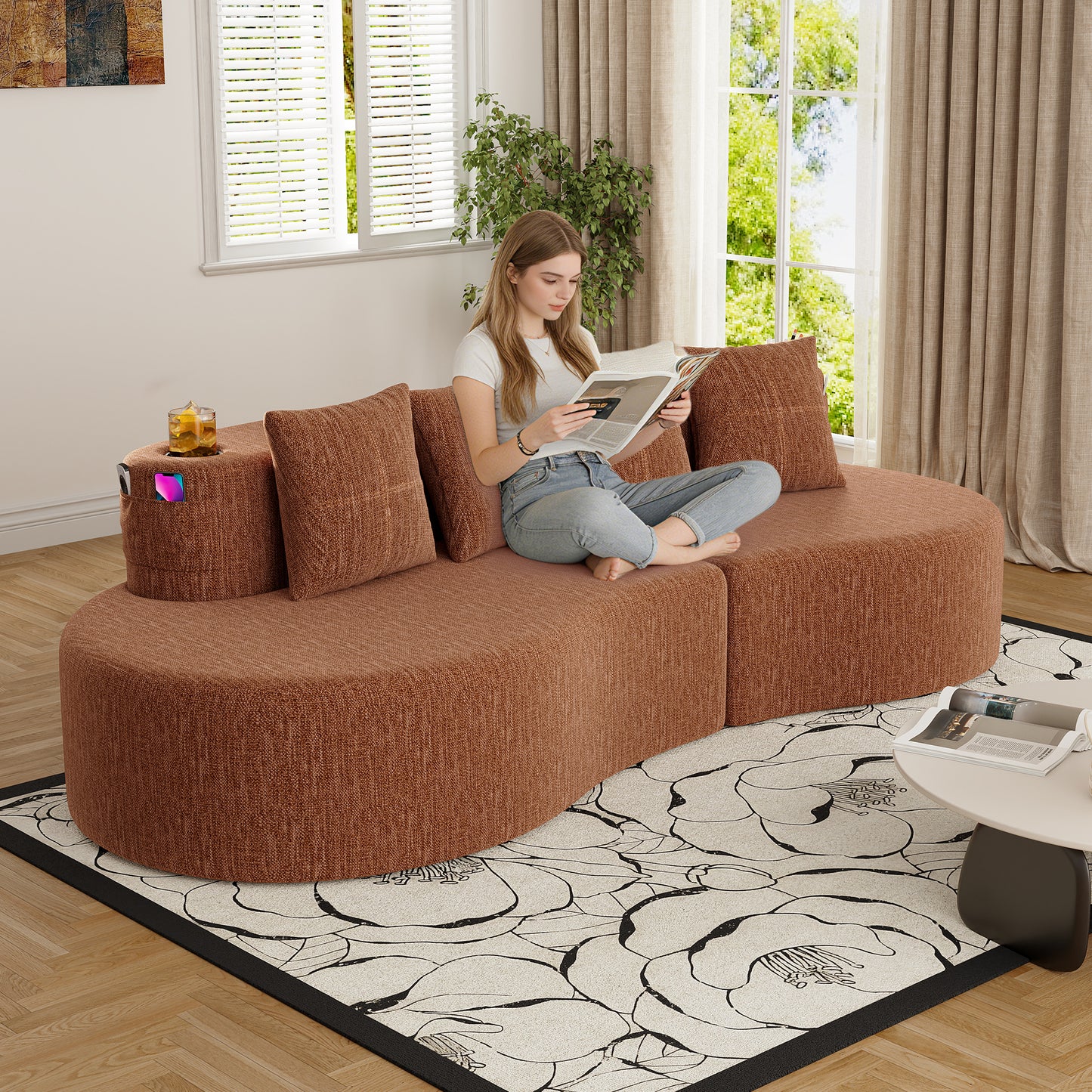 Chenille Compression Sofa — 3-Seat — Orange
